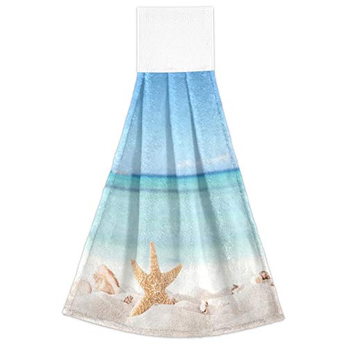Summer Starfish Seashell Kitchen Hanging Hand Towels - 2 Pack Absorbent Cotton Beach-Themed Towels with Loops for Bathroom, Kitchen & Coastal Home Decor | Perfect for Beach Houses, Vacation Rentals & Nautical-Themed Spaces