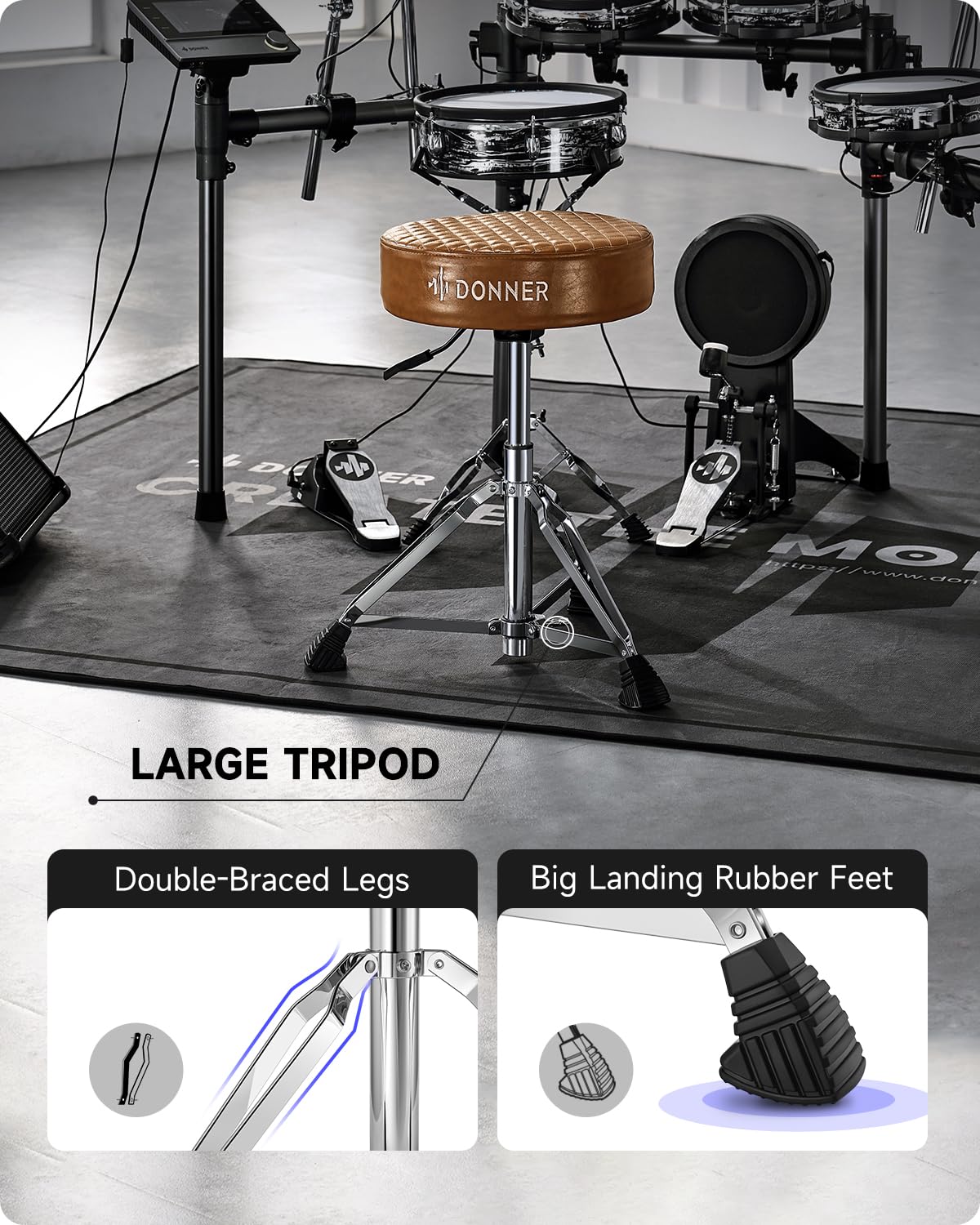 Donner DT-150 Adjustable Hydraulic Drum Throne Seat - Round Padded Drum Stool with Thickened Cushion, Anti-Slip Base & Double-Braced Legs (Brown) - Perfect for Drummers, Percussionists & Music Practice Sessions