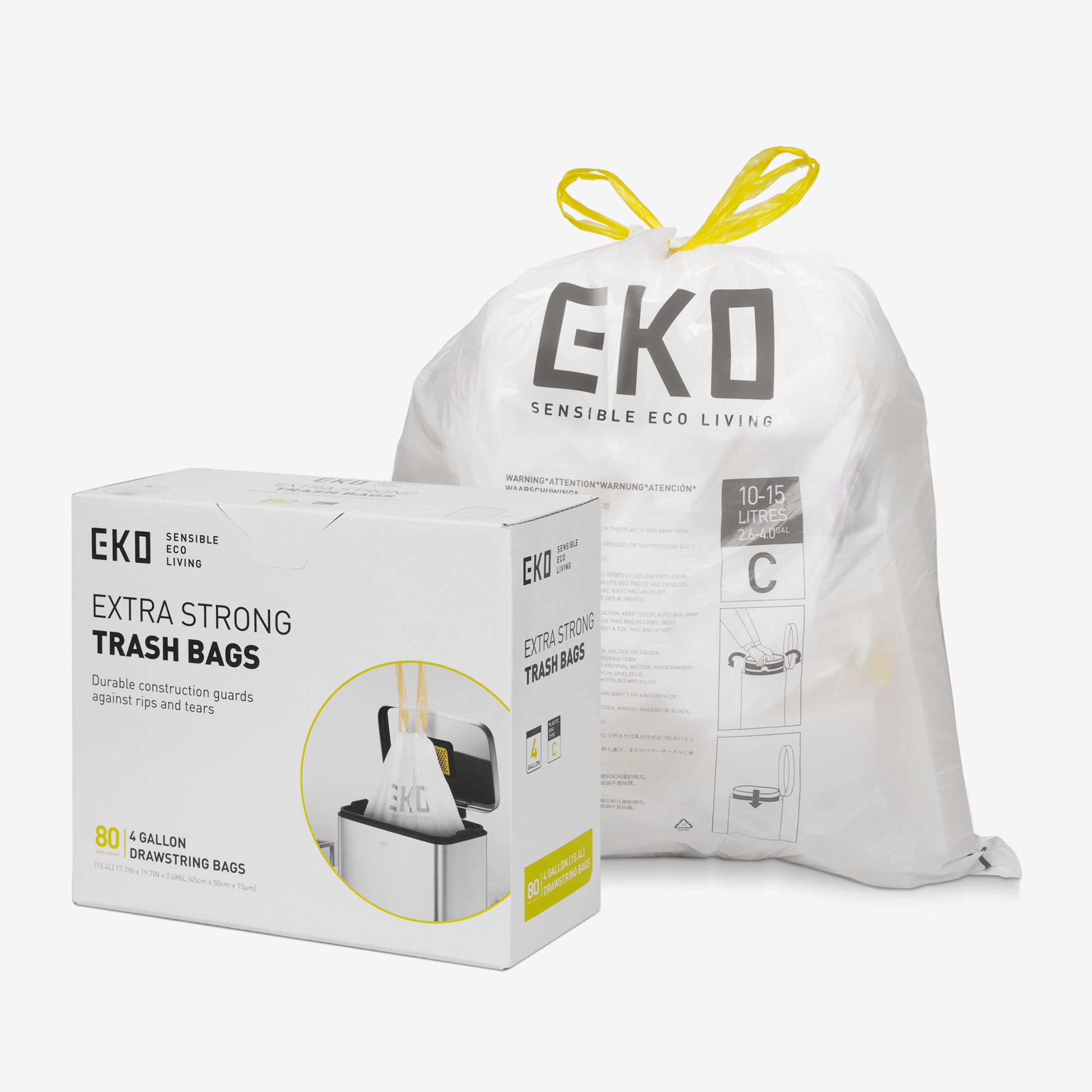 4 Gallon Easy Dispense Roll Trash Bags - 80 Count (10 x 15L) - Heavy Duty Kitchen & Office Waste Bags for Home & Commercial Use