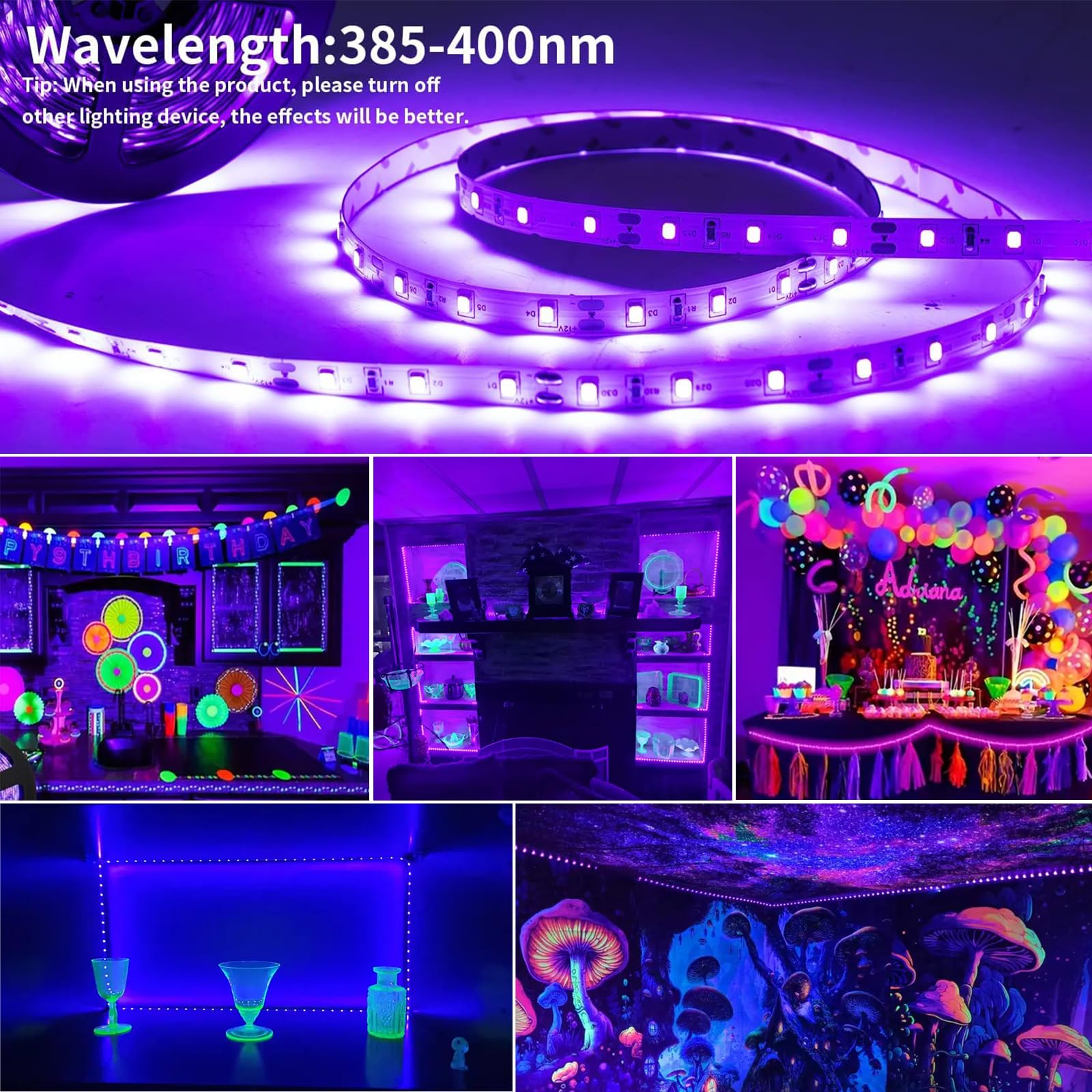 40FT Black Light Strip - 720 LEDs Flexible Adhesive UV Blacklight for Halloween, Neon Party, Birthday Decor - Perfect for Displaying Uranium Glass, Posters, Curing Resin & Home Decoration