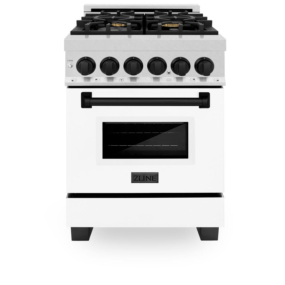 ZLINE Autograph Edition 24-inch 2.8 cu. ft. Dual Fuel Range - 4 Burner Gas Cooktop & Electric Convection Oven - Satin Stainless Steel with White Matte Door & Black Accents (RASZ WM 24 MB) | Professional Kitchen Appliance for Home Chefs & Cooking Enthusiasts