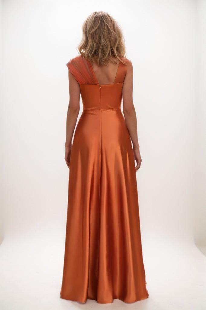 Elegant One Shoulder Satin A-Line Bridesmaid Dress in Copper - CB0802 | Perfect for Weddings, Formal Events & Special Occasions