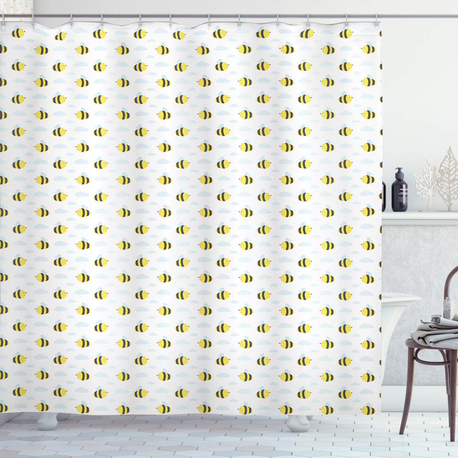 Ambesonne Honey Bee Shower Curtain - Pastel Yellow & Blue Cloud Print with Bee Design, 69x70 Inch Fabric Bathroom Decor Set with Hooks | Waterproof Polyester for Bath, Shower, Kids Room & Farmhouse Style Decor