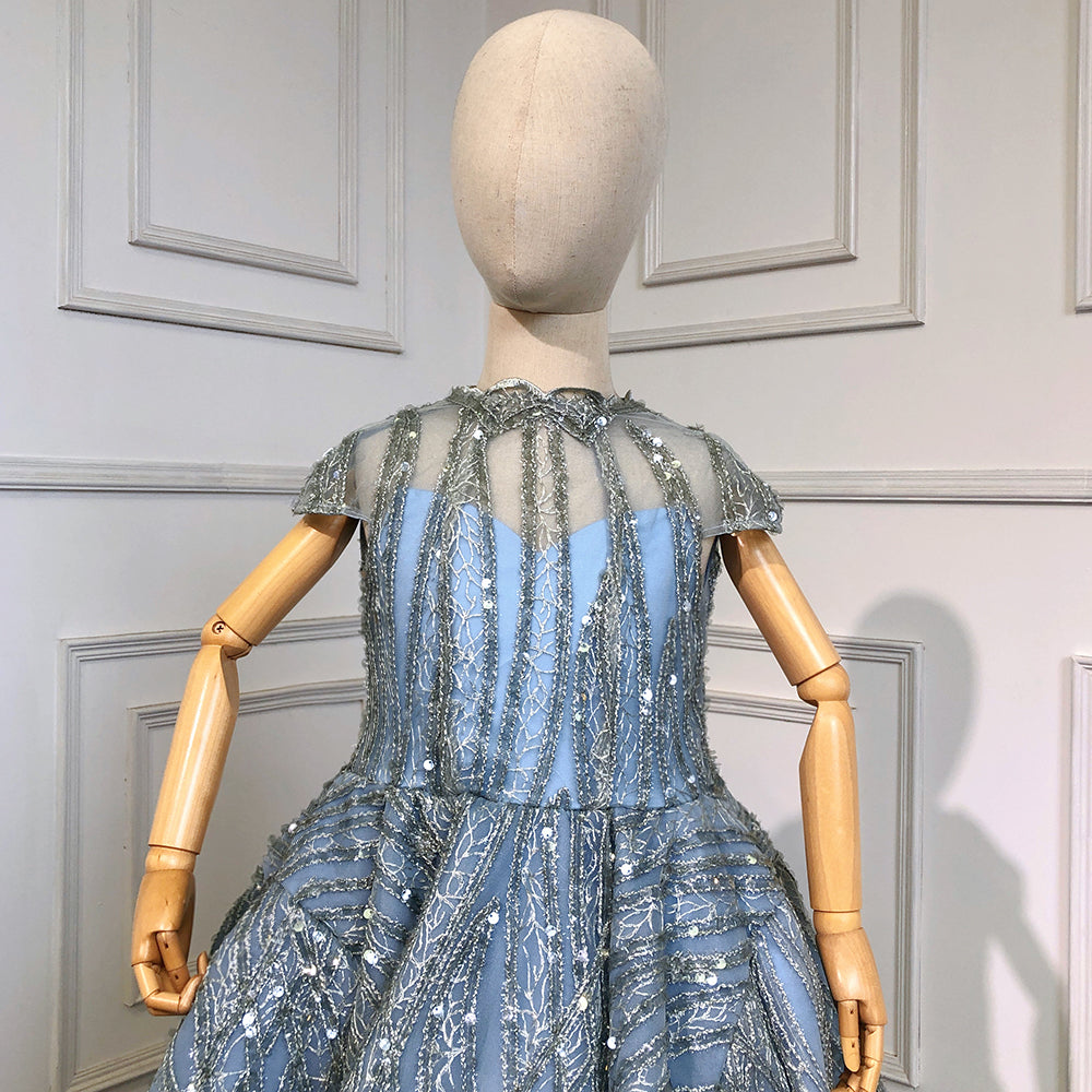 Serene Hill Clear Water Blue Sparkle Flower Girl Dresses with Cap Sleeves for Wedding & Party | 2025 Collection HTA0051 | Perfect for Flower Girls in Weddings, Birthday Parties & Special Occasions