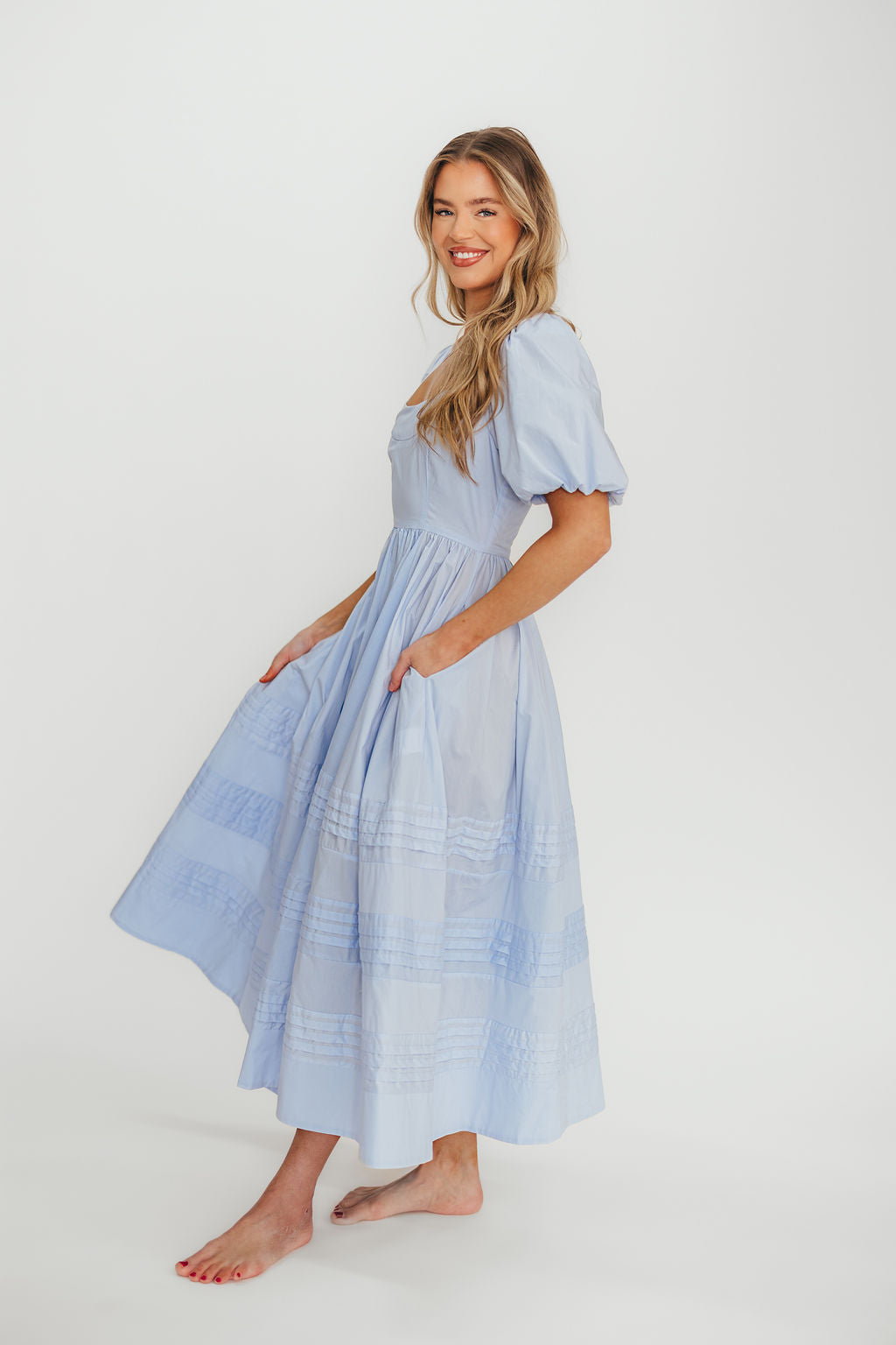 Milana 100% Cotton Puffed Sleeve Midi Dress - Baby Blue Floral Summer Dress for Women | Perfect for Beach Vacations, Garden Parties & Date Nights