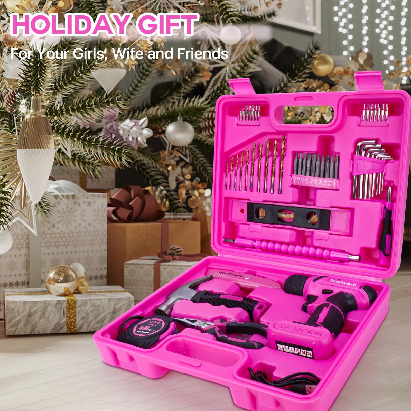 64PCS Pink Tool Set with Cordless Drill - 8V Power Drill & Electric Screwdriver Kit for Women, 3/8