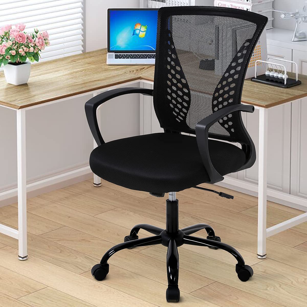 Ergonomic Mid-Back Mesh Office Chair with Adjustable Height & Lumbar Support - Swivel Rolling Desk Chair for Computer Work, Gaming & Home Office (Black) - Perfect for Long Work Hours, Video Calls & Productivity Boosting