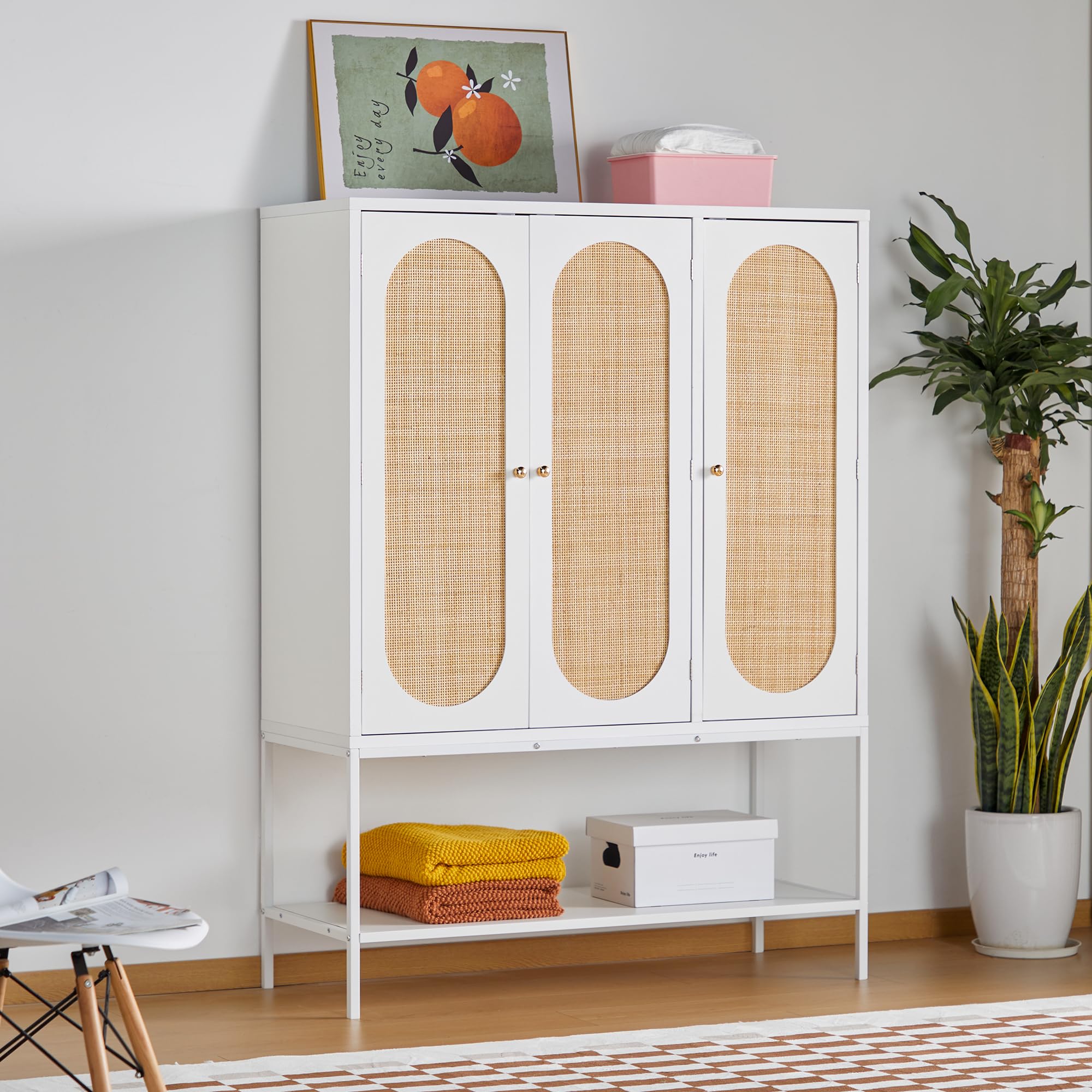 Freestanding Rattan Wardrobe Closet with Storage Cubes & Hanging Rod - 3-Door White Cabinet for Bedroom Organization | Perfect for Small Spaces, Apartments & Dorm Rooms