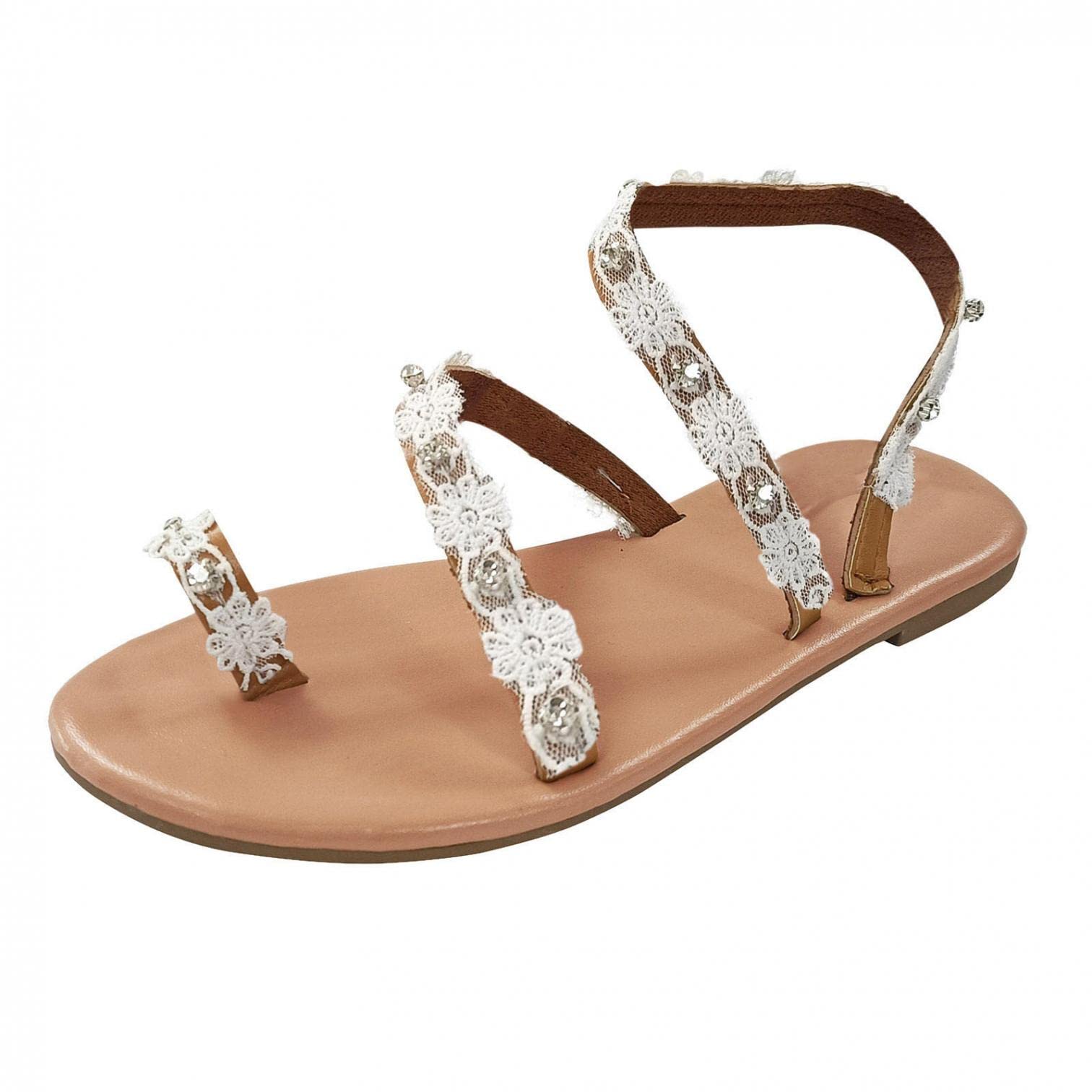 Women's Boho Pearl Flower Lace Gladiator Sandals - Open Toe Slip On Wedding Flat Sandals for Summer Beach & Casual Wear | Perfect for Bridal Parties, Vacations & Bohemian Fashion
