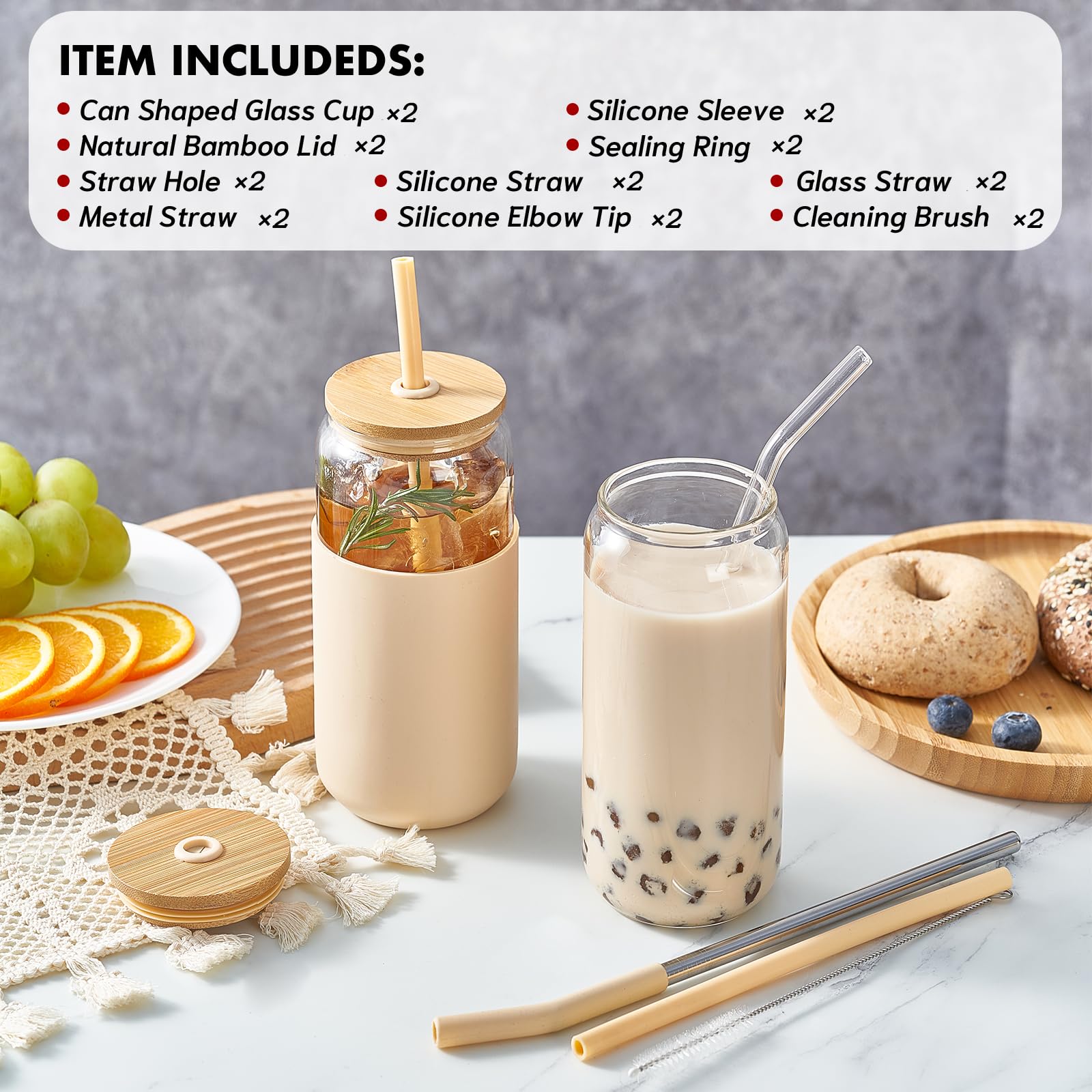 20oz Aesthetic Beer Can Shaped Glass Tumbler with Lid & 3 Straws - Insulated Protective Sleeve, Cute Iced Coffee Cup for Smoothies, Boba, Beer - Perfect for Home, Office, Parties & Gifts (2-Pack)