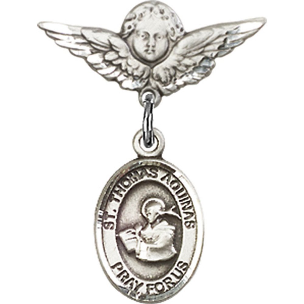 St. Thomas Aquinas Sterling Silver Baby Badge with Angel Wing Charm - 7/8