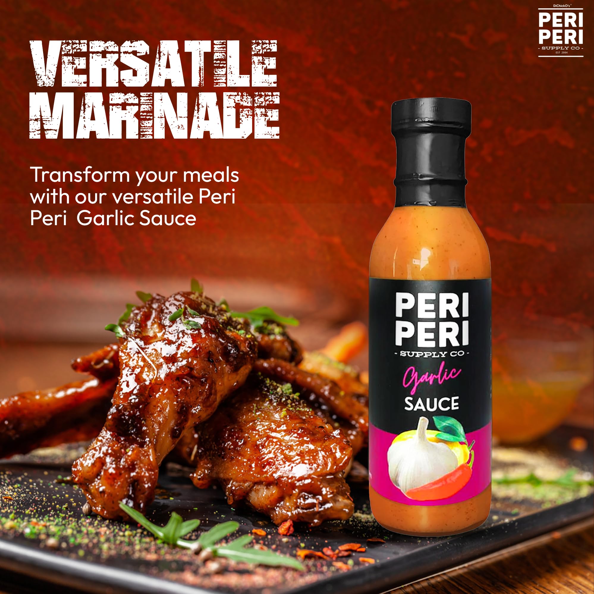 DiChickO's Peri-Peri Garlic Hot Sauce - 12 fl oz Vegan Piri Piri Sauce Bottle - Tangy African Chili Sauce for Chicken Wings, Grilled Meats, French Fries & Seafood - Made in USA - Perfect for BBQ, Parties & Home Cooking
