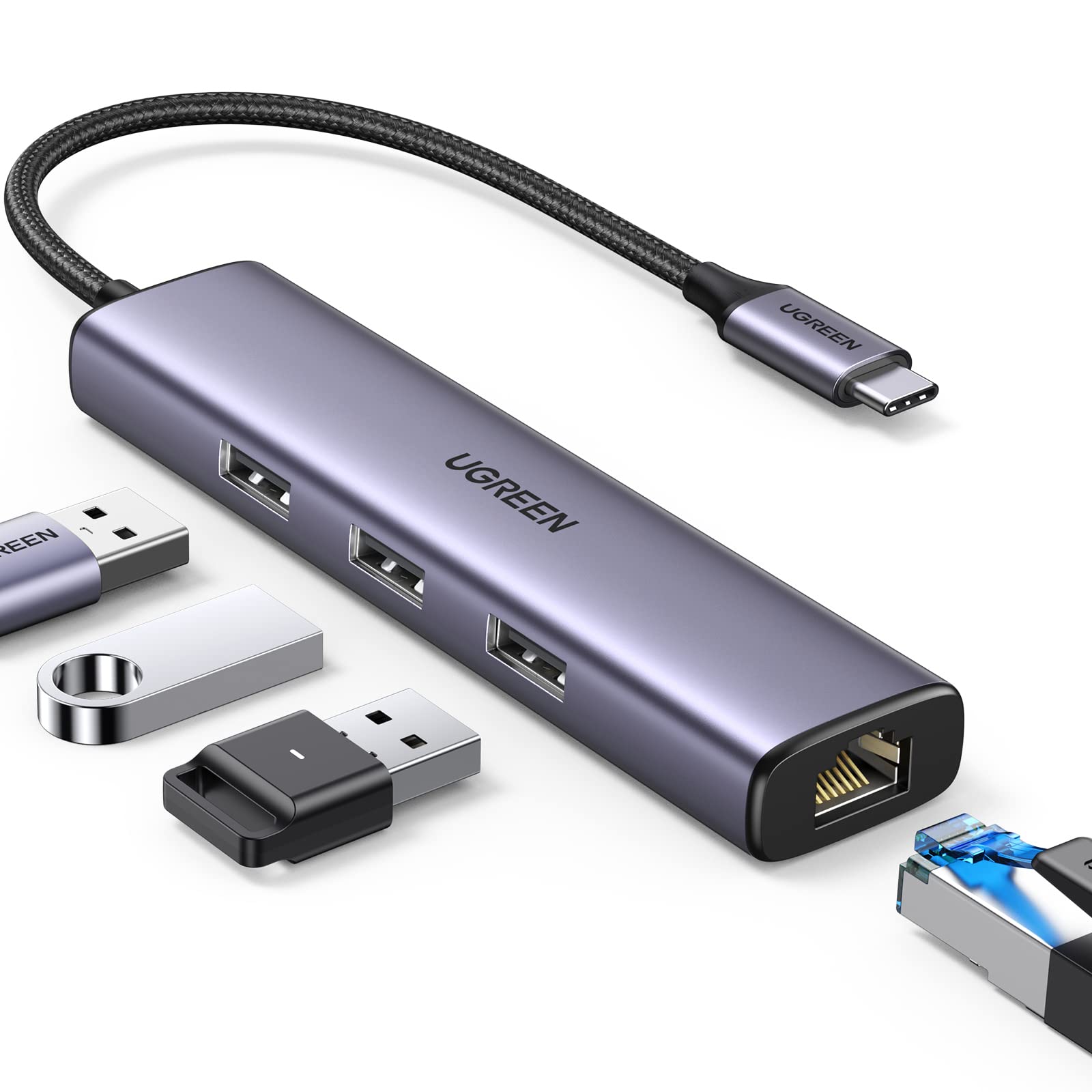 UGREEN USB C Hub with Ethernet - 4-in-1 USB C to Gigabit Ethernet Adapter with RJ45 LAN Port & 3 USB 3.0 Ports (5Gbps) - Compatible with MacBook Pro, iPhone 15 Pro, Steam Deck, Nintendo Switch, External Hard Drives & More - Perfect for Home Office, Gaming & Travel Connectivity