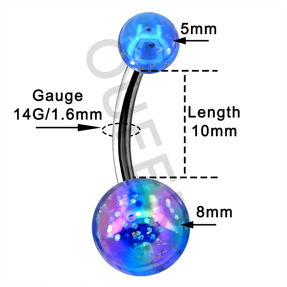 OUFER 14G Stainless Steel Belly Button Rings - Blue Purple Glitter Jewelry for Navel Piercing