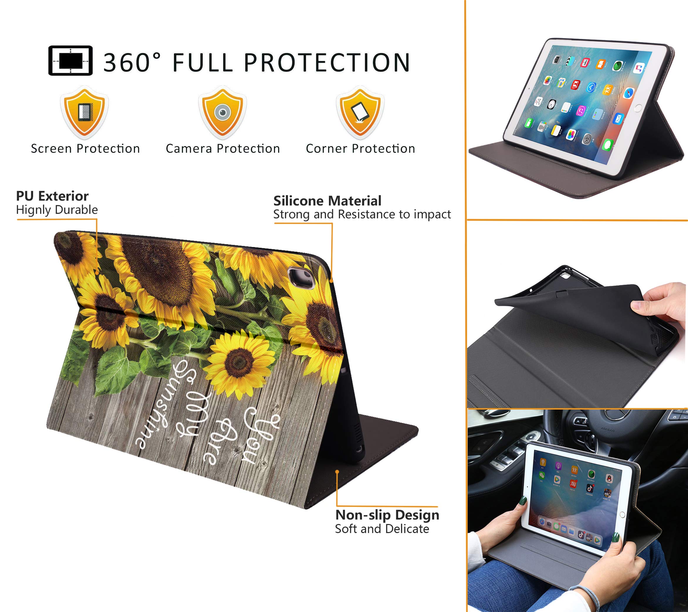 LACOMA iPad 9.7 Case (2017/2018) & iPad Air 1/2 Case - Soft Rubber Back Cover with Protective Leather Stand, Auto Wake/Sleep for iPad 6th/5th Generation - Sunflower Design 