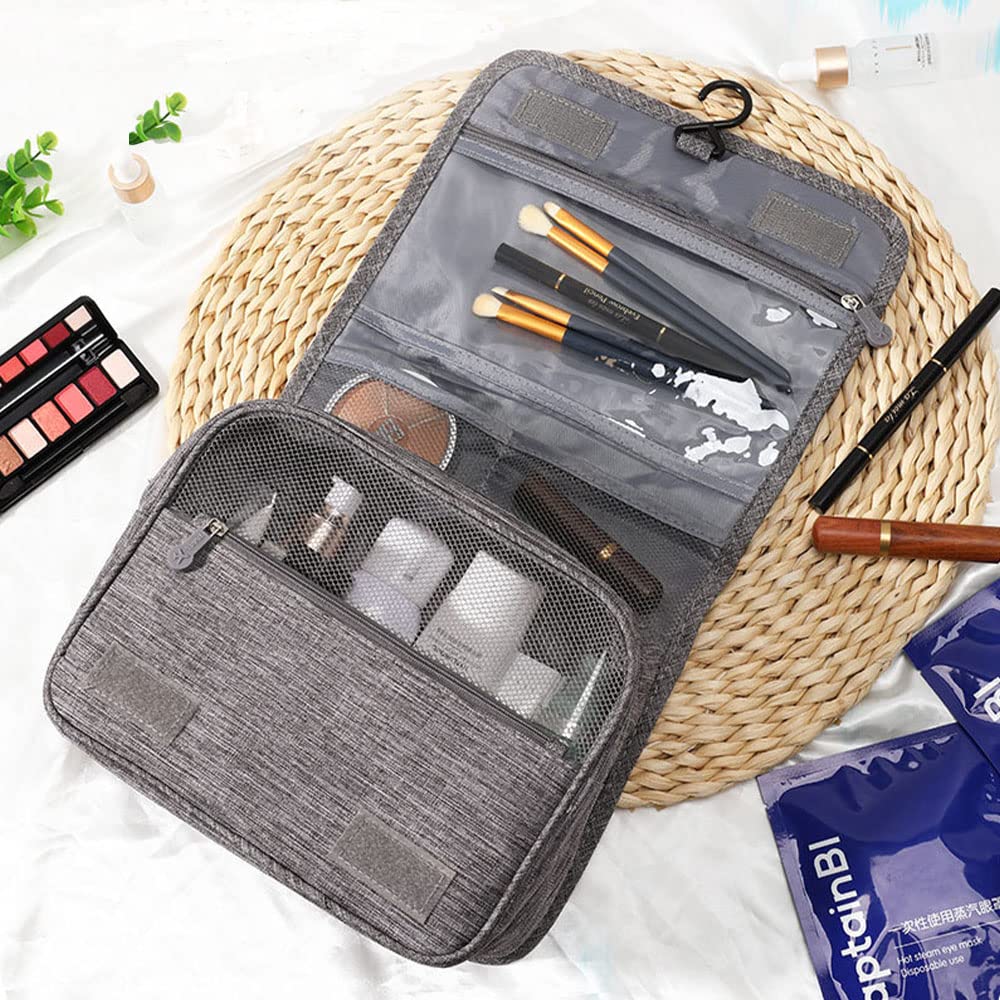 Trawila Large Capacity Travel Hanging Toiletry Bag - Waterproof Cosmetic Organizer with Sturdy Hook for Men & Women (Grey) - Perfect for Camping, Gym, Business Trips & Vacation Essentials