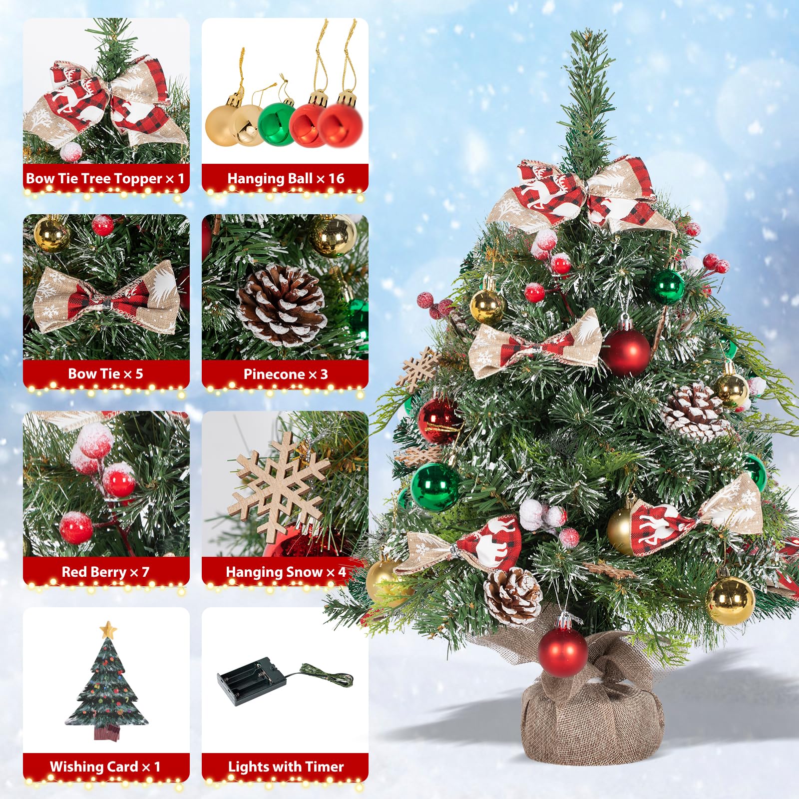 NALONE 24 Inch Mini Christmas Tree with Battery Operated LED Lights & Timer - Snow Dusted Artificial Tabletop Xmas Tree with 36 Ornaments, Pinecones & Red Berries - Perfect for Home, Office, Dorm & Holiday Decorations