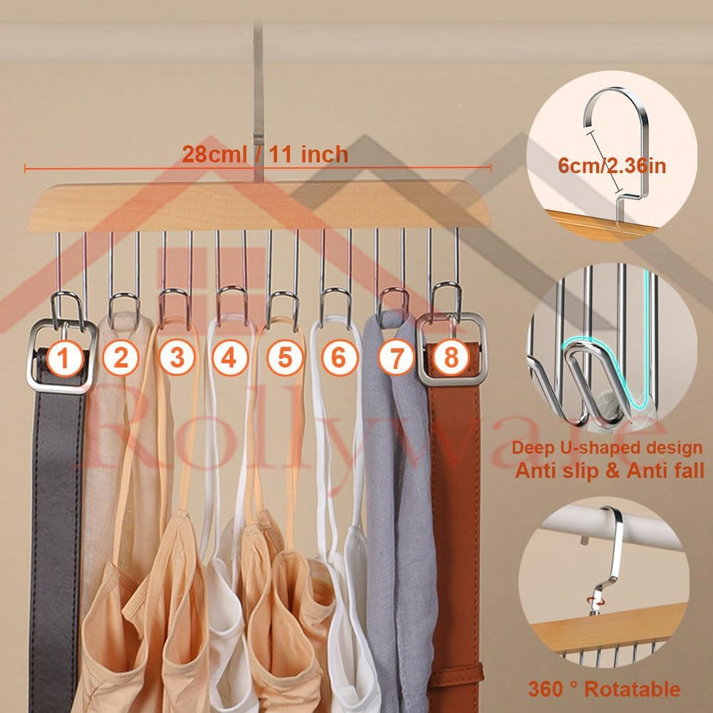ROLYWARE Wooden Belt Hanger with 8 Hooks - Sturdy Non-Slip Rotating Belt Rack for Closet & Wardrobe Organization - Space Saving Display for Belts, Hats, Bra & Tank Tops (Natural Wood, 1) - Perfect for Bedroom, Closet & Dorm Storage Solutions