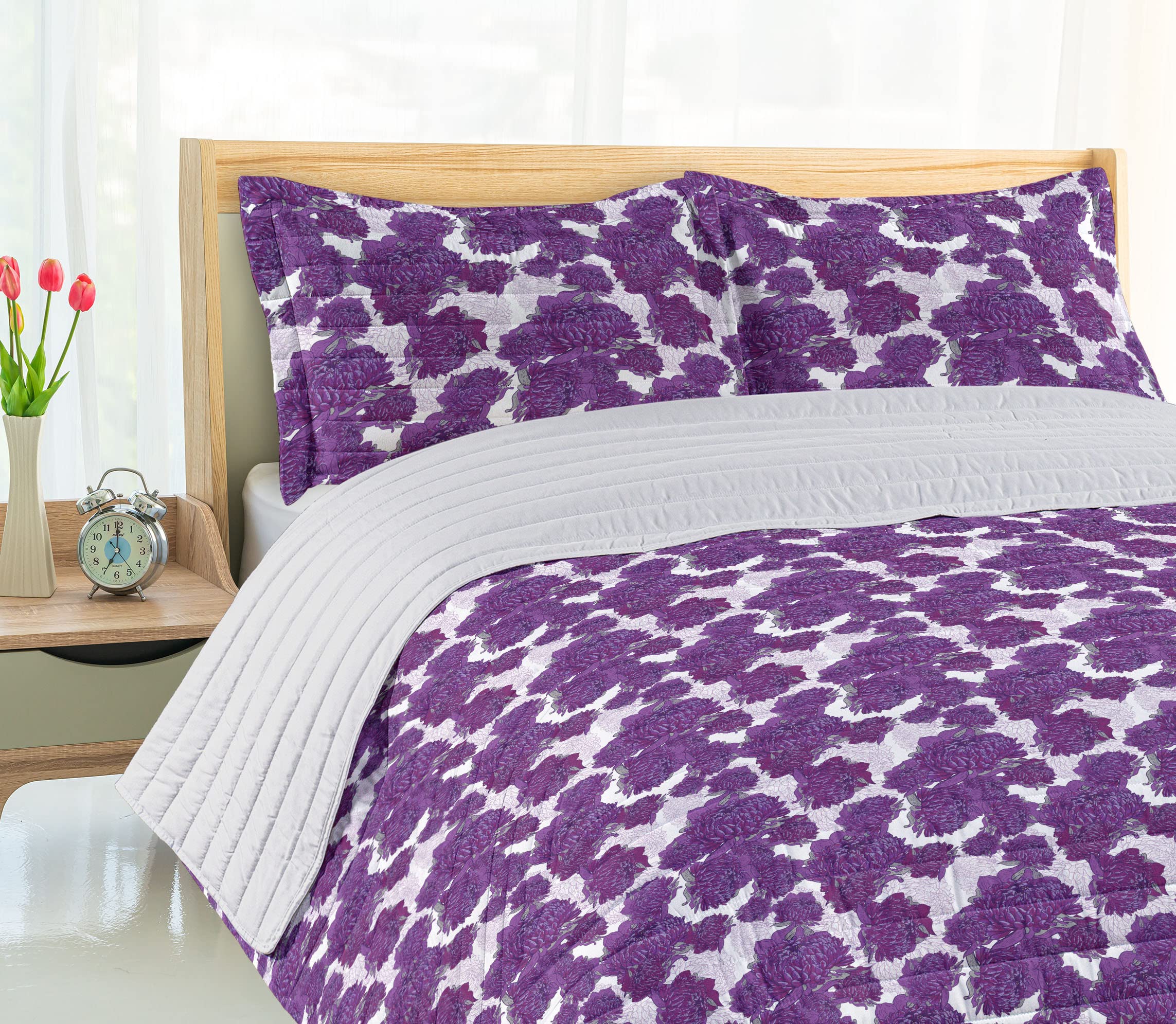 Ambesonne King Size Mauve Microfiber Bedding Set - Vivid Allium Flower Petals Design, Soft Comforter with Pillow Shams | Bohemian Victorian Peony Art in Purple & White | Perfect for Master Bedroom, Guest Room & Bohemian Home Decor