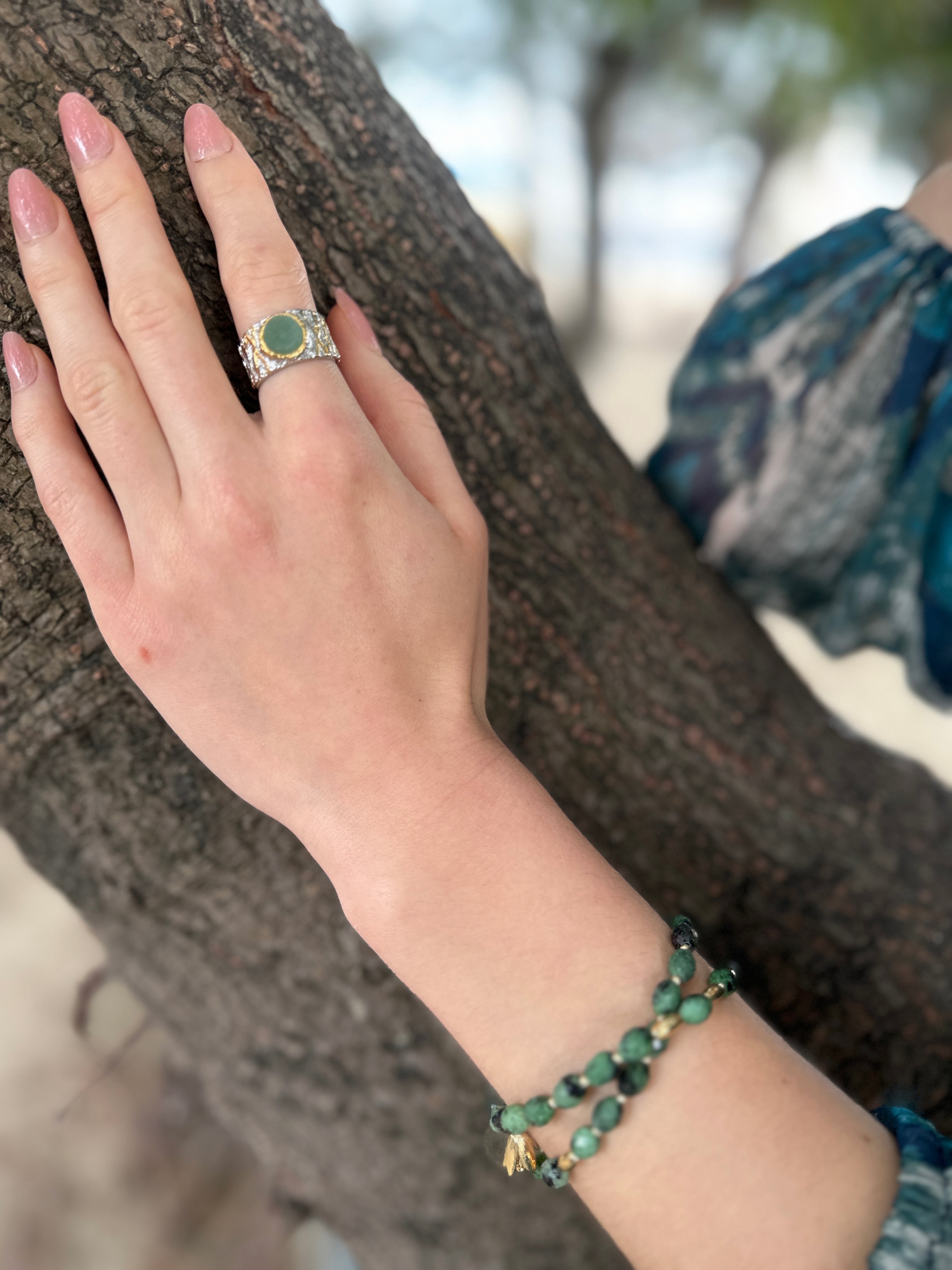 Aventurine Stone Platinum Plated Brass Adjustable Ring for Women - LR008 | Elegant Jewelry Gift for Birthday, Anniversary & Special Occasions