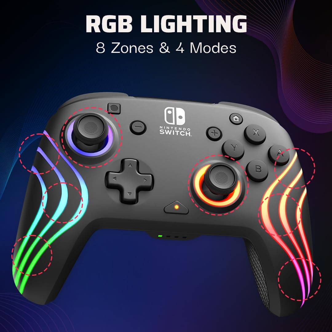 **PDP Afterglow Wave Wireless Pro Controller for Nintendo Switch & OLED - Motion Controls, Custom LED Lighting, 30ft Range, 20-Hour Rechargeable Battery (Black) - Perfect for Gaming, Streaming & Multiplayer Battles**
