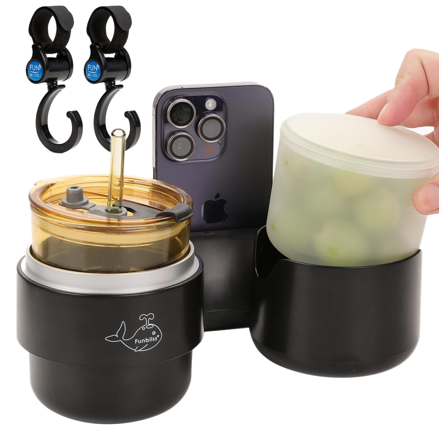 **Funbliss 4-in-1 Multifunctional Baby Stroller Snack Tray with Parent Cup Holders, Phone Holder & Bonus Hooks – Removable Stroller Drink Holder & Snack Tray for Convenient Feeding & Storage – Perfect for Walks, Shopping & Travel**
