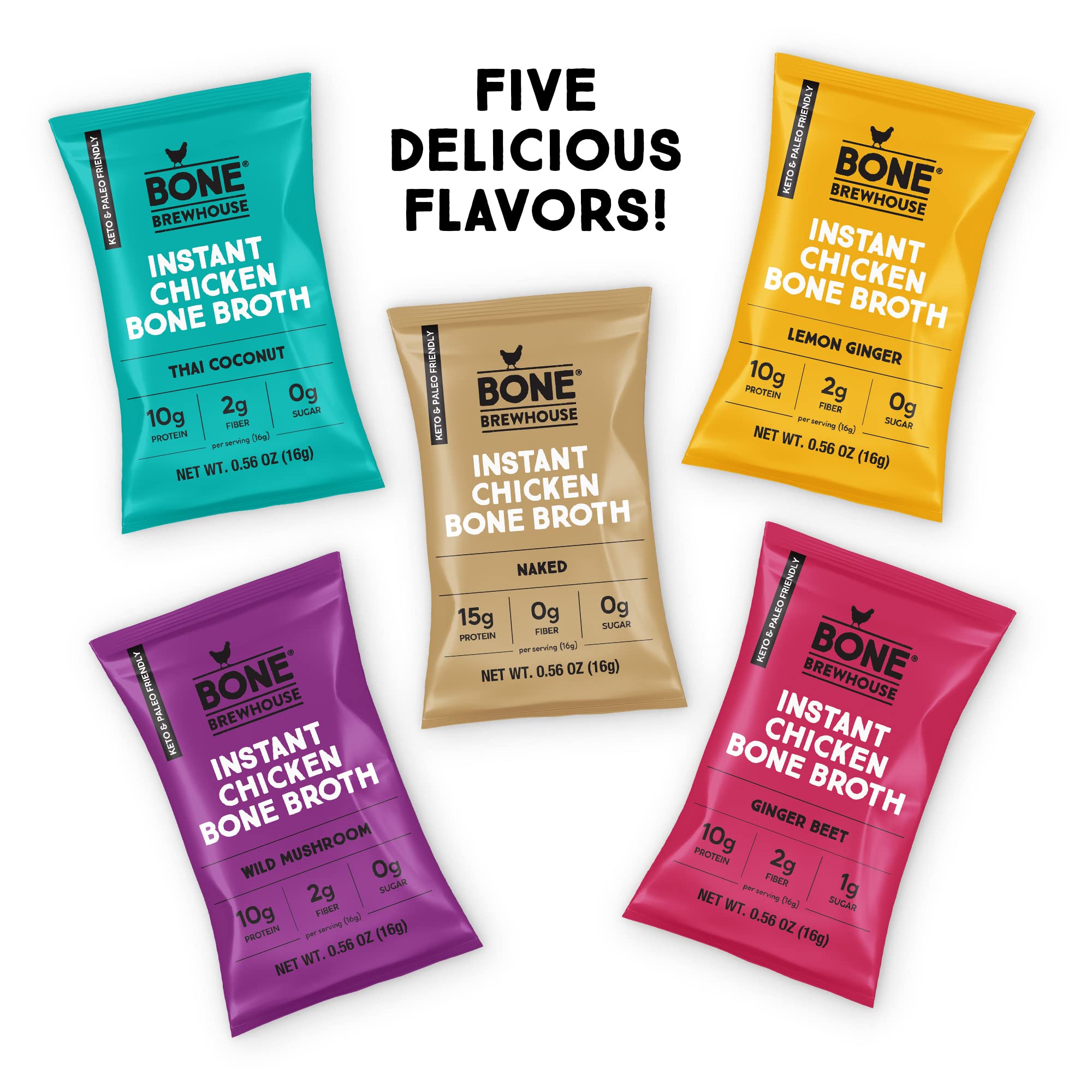 Bone Brewhouse Chicken Bone Broth Protein Powder - Lemon Ginger Flavor - Keto Paleo Friendly Instant Soup - 10g Protein per Serving - Natural Collagen Supplement - Gluten Free Dairy Free - 5 Servings - Perfect for Post-Workout Recovery & Keto Diet Meals
