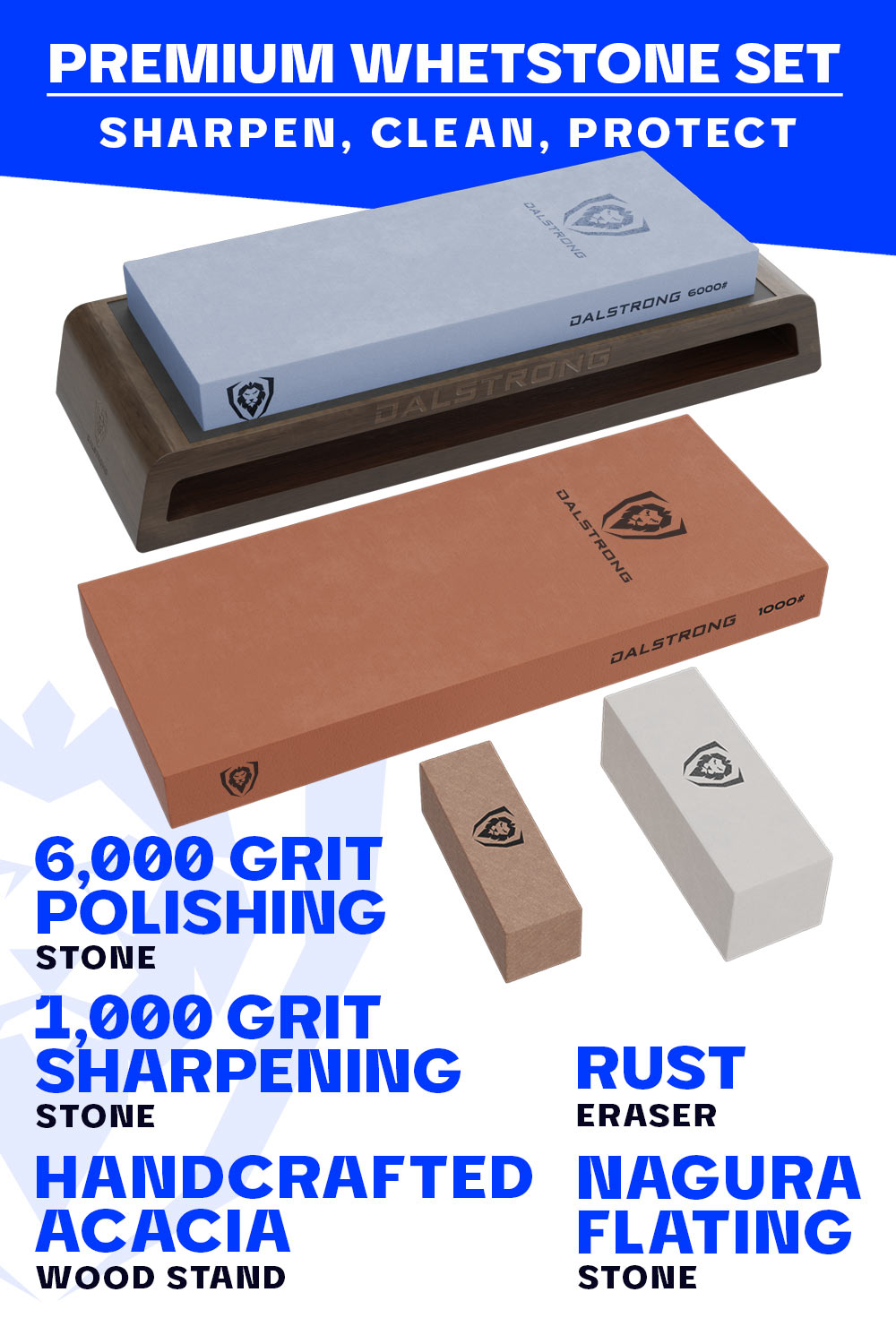 Premium Whetstone Sharpening Kit - #1000/#6000 Grit with Nagura Stone & Rust Eraser - Professional Knife Sharpener for Kitchen, Hunting & Outdoor Tools - Dalstrong ©