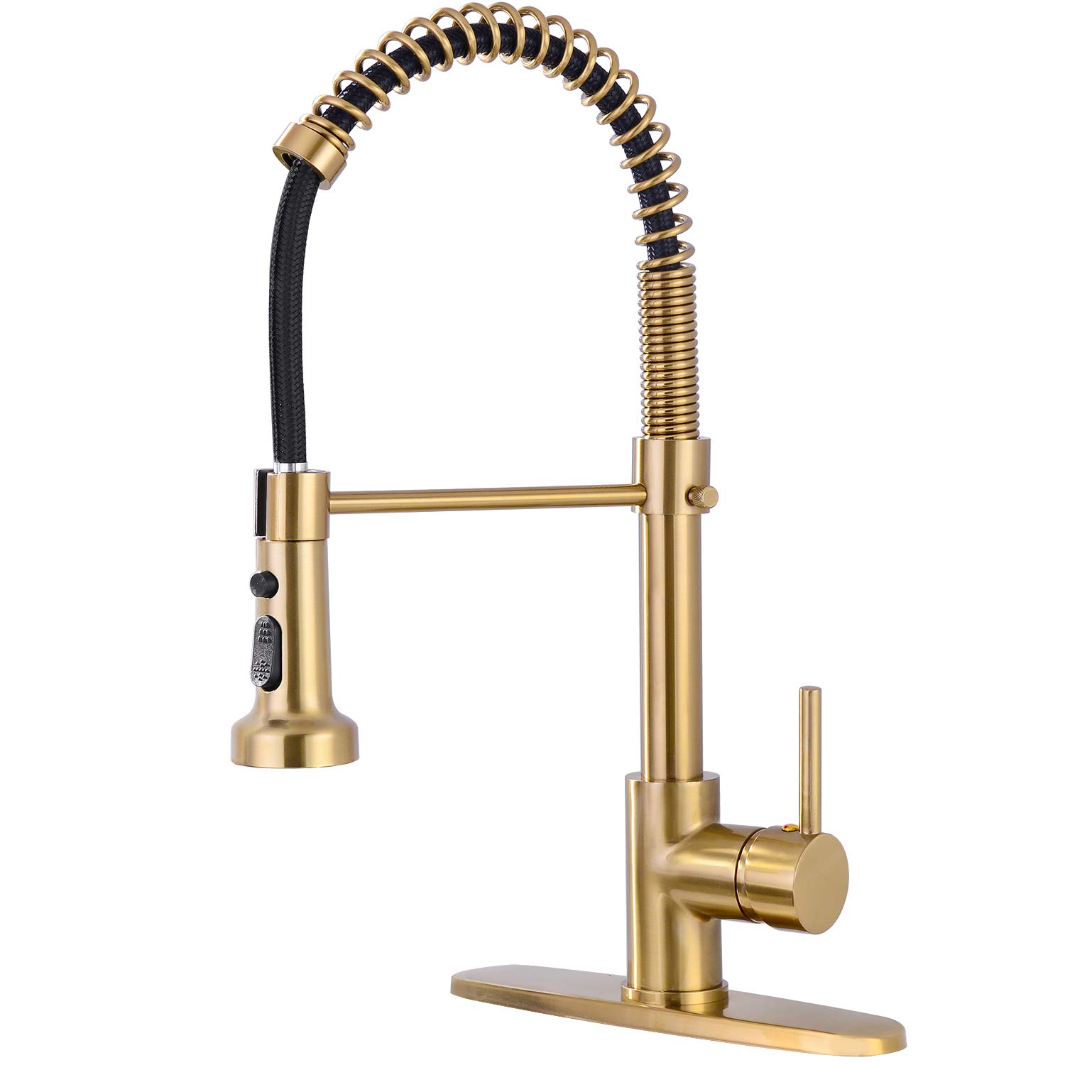 BZOOSIU Commercial Pull Down Sprayer Kitchen Faucet - Solid Brass Single Handle Sink Faucet with Deck Plate in Brushed Gold - Ideal for Home, Restaurant & Commercial Kitchen Use
