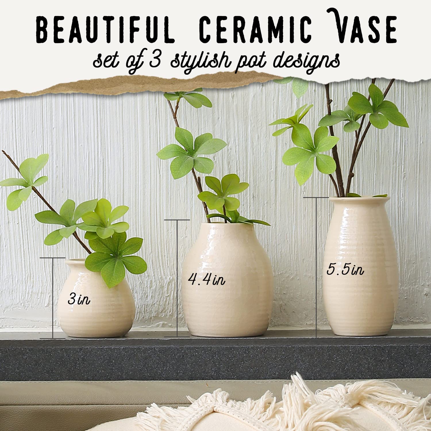 White Ceramic Vase Set of 3 - Rustic Farmhouse Decor for Living Room, Fireplace & Home | Modern Flower Vases for Centerpieces, Wedding Decor & Housewarming Gifts