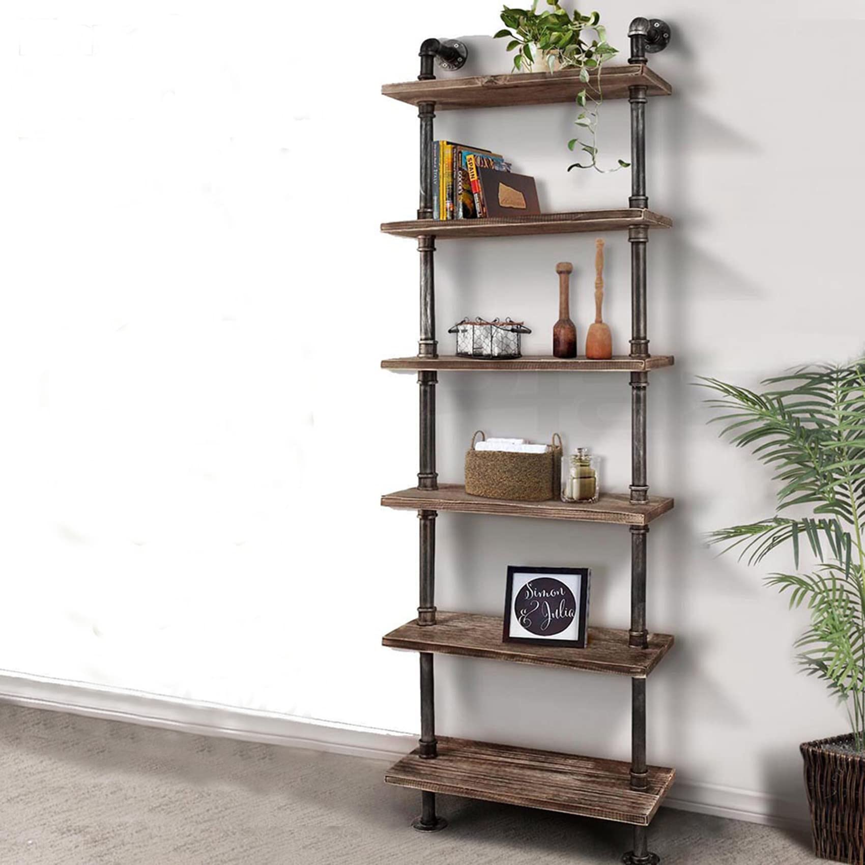 IKAYAA 6-Tier Rustic Industrial Ladder Wall Shelves - Wall Mounted Bookshelf with Iron Frame for Living Room, Bedroom & Office Storage - Perfect for Home Decor, Book Display & Organization
