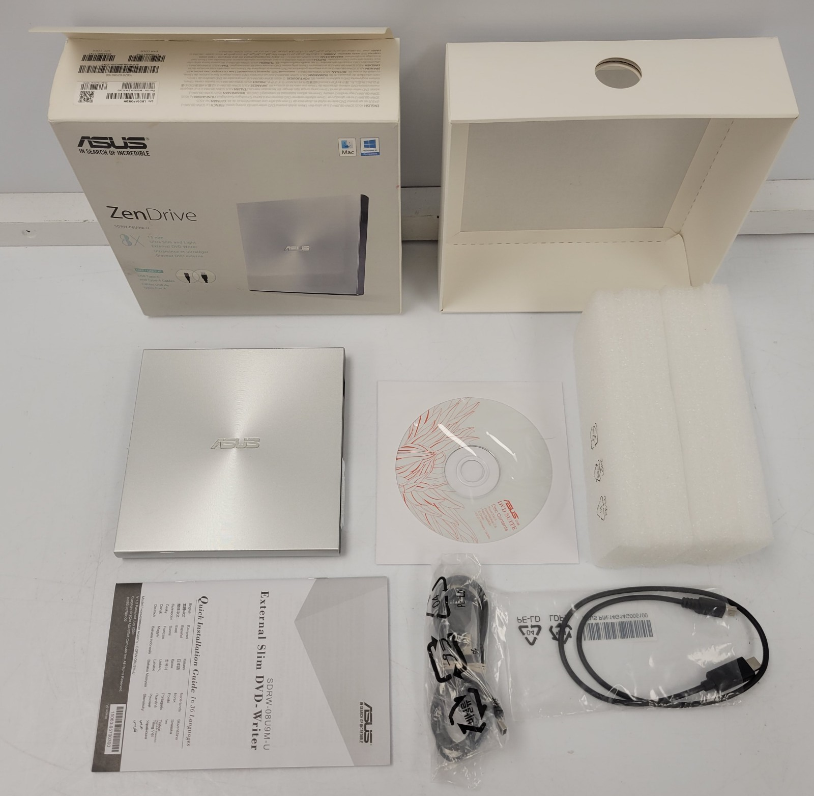 ASUS SDRW-08U9M-U External DVD Drive - Portable USB 2.0 CD/DVD Writer for Laptop & Desktop - Perfect for Data Backup, Movie Playback & Software Installation