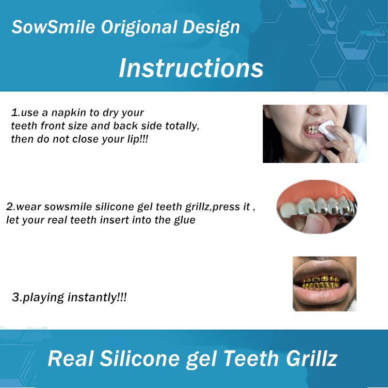SowSmile 24K Gold Plated Silicone Gel Grillz - Custom Fit Gold Teeth Covers for Men & Women | Hip Hop Jewelry, Rap Style Accessories | Perfect for Concerts, Parties & Photo Shoots
