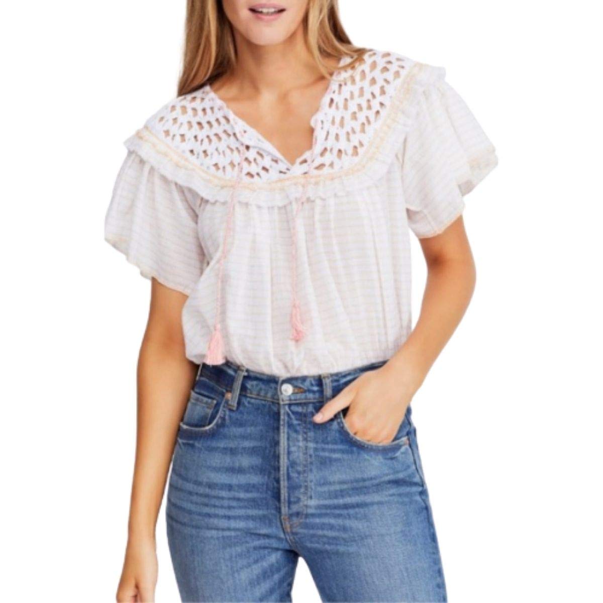 Free People Women's Allora Crochet Short Sleeve Blouse | Boho Chic Summer Top | Perfect for Beach, Music Festivals & Casual Outings