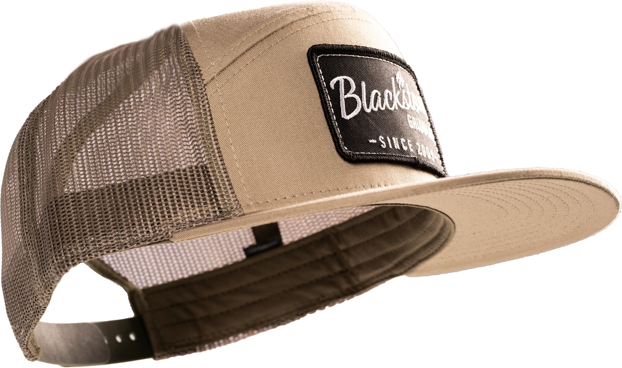 Richardson 168 7 Panel Trucker Hat - Split Pale Khaki/Loden with Blackstone Griddles Patch | Adjustable Snapback Cap for Outdoor Cooking, Camping & BBQ Enthusiasts