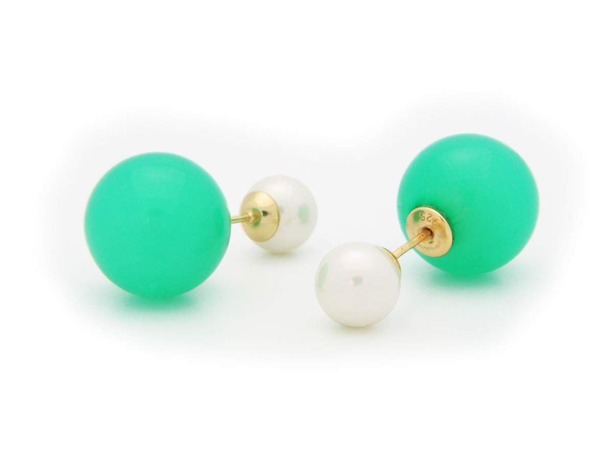 Fronay LIATURG Faux Green & White Pearls Double Sided Tribal Earrings - 925 Sterling Silver | Boho Chic Jewelry for Women, Party & Festival Accessories