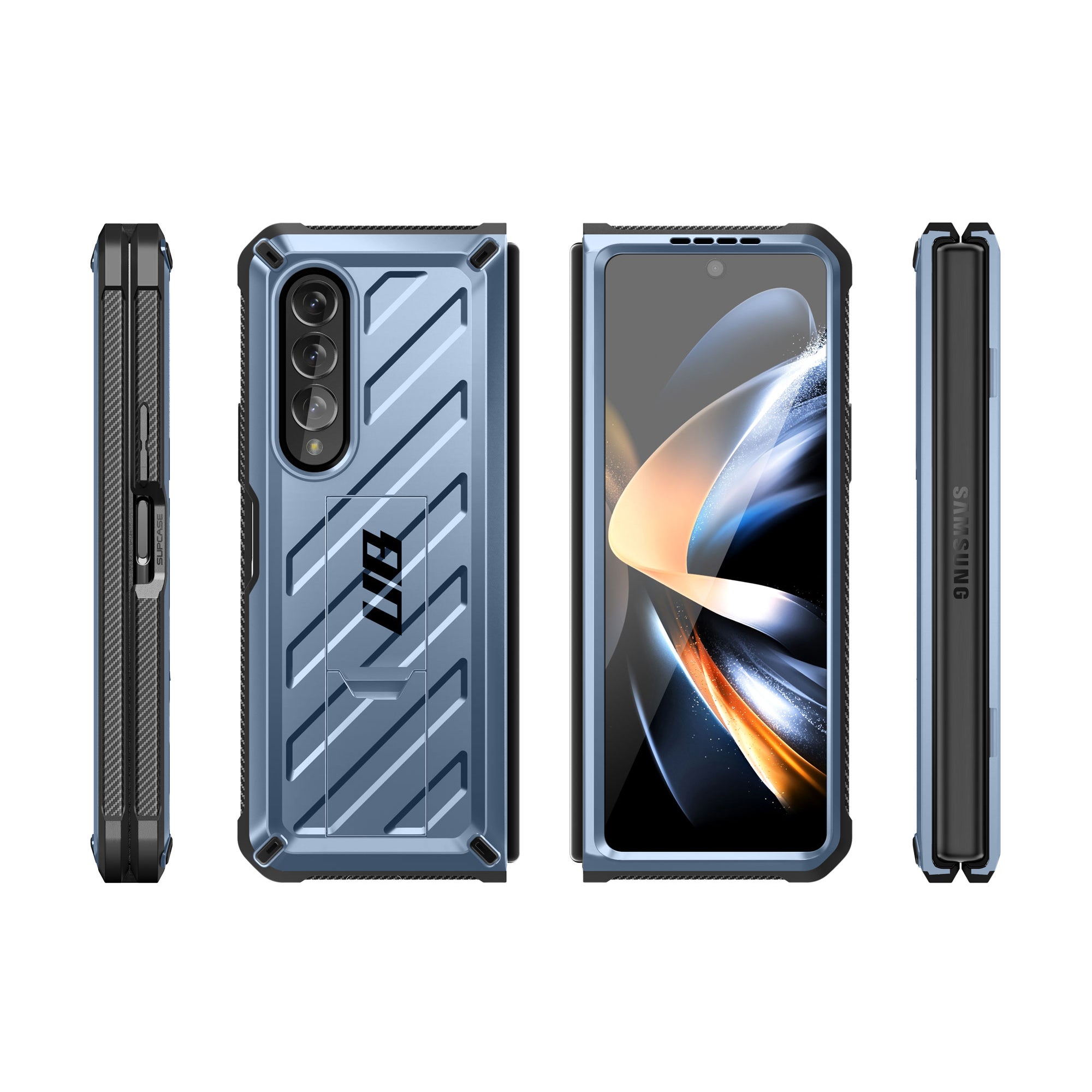 Samsung Galaxy Z Fold 4 Case with Built-in Kickstand & Screen Protector - Shockproof Heavy Duty Cover in Metallic Blue | Perfect for Work, Travel & Everyday Protection