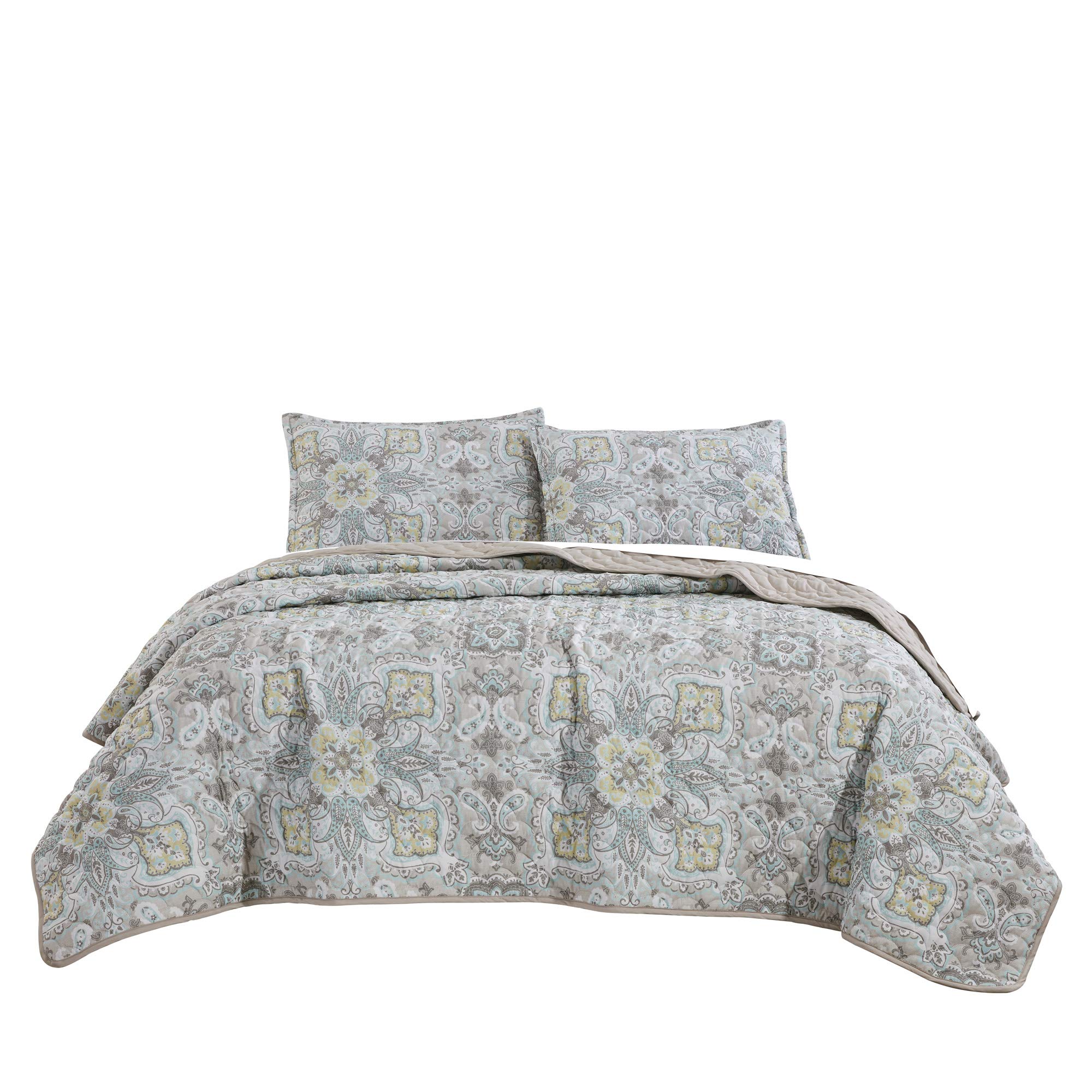 Jaba 3-Piece Queen Size Quilt Set - All Season Soft Printed Bedspread & Coverlet with Pillow Shams (Blue/Grey/Yellow Paisley) for Cozy Bedroom Decor & Guest Room Styling