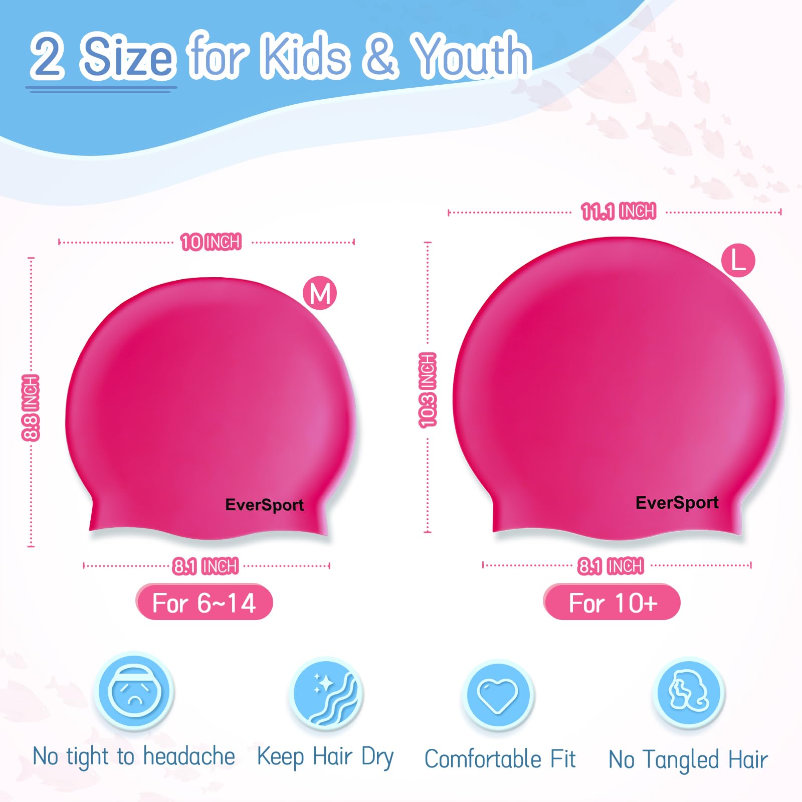 EverSport Kids & Youth Large Swim Cap for Girls Ages 6-14 - Silicone Swimming Cap for Long Hair & Braids - Keeps Hair Dry - Perfect for Swimming Lessons, Pool Parties & Beach Activities