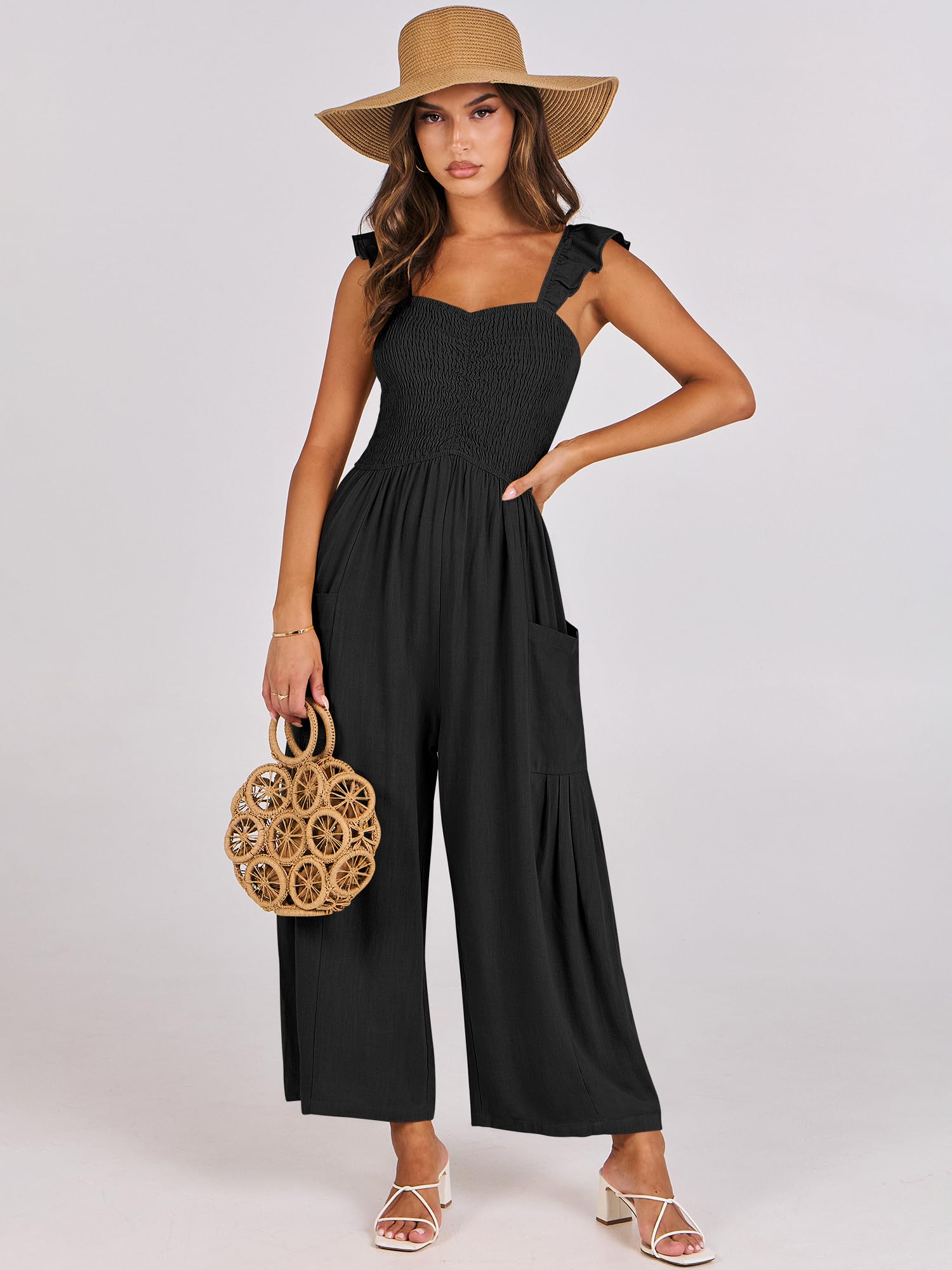 ANRABESS Women's Summer Linen Jumpsuit - Sleeveless Smocked Wide Leg Romper with Pockets | Trendy Casual Dressy Outfit for Travel, Beach, and Everyday Wear 2025