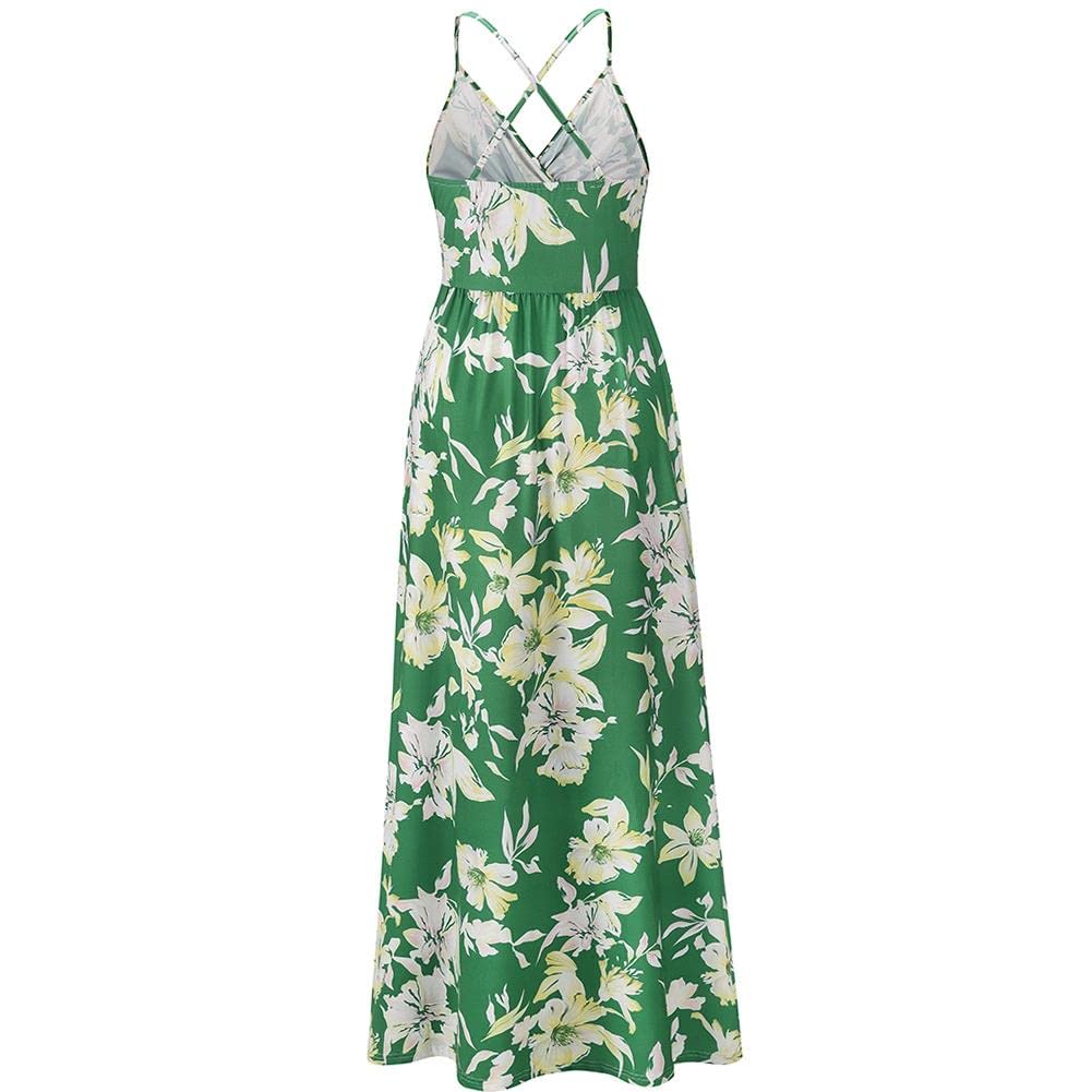 Women's Bohemian Floral Print V-Neck Spaghetti Strap Maxi Dress - Long Sling Summer Beach Dress for Vacation, Party & Casual Wear
