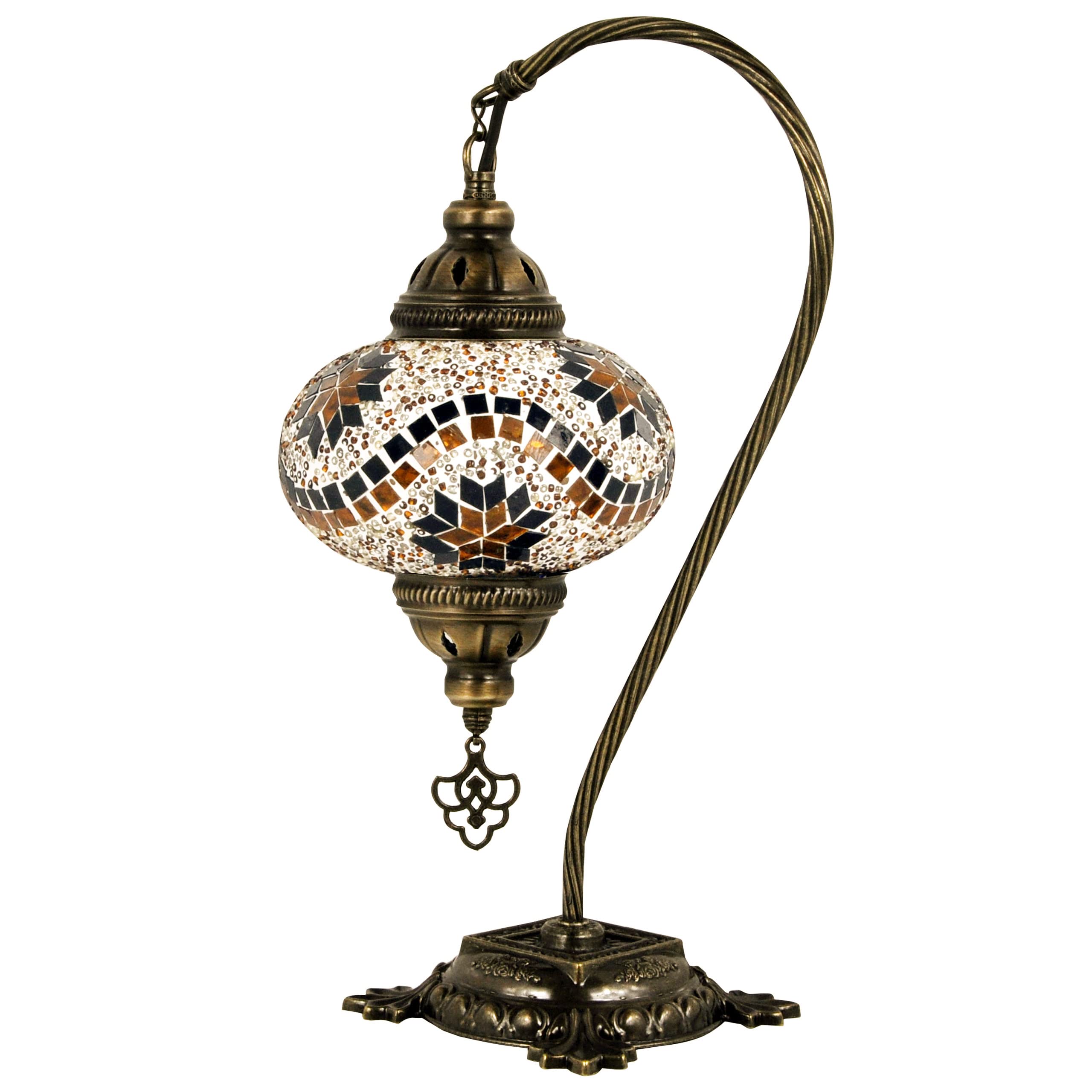 10 Styles Mosland Handmade Turkish Mosaic Table Lamp - Bronze Base Moroccan Tiffany Night Light with Swan Neck Design & LED Bulb for Bedroom, Living Room, Dining Room Decor (Brown) - Perfect for Home, Hotel, Restaurant Ambiance Lighting