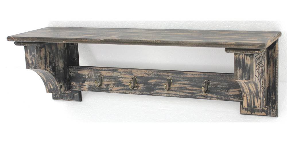 Teton Home WD-059 Rustic Wood Wall Shelf with 4 Hooks - Perfect for Entryway, Bathroom, Kitchen & Bedroom Organization