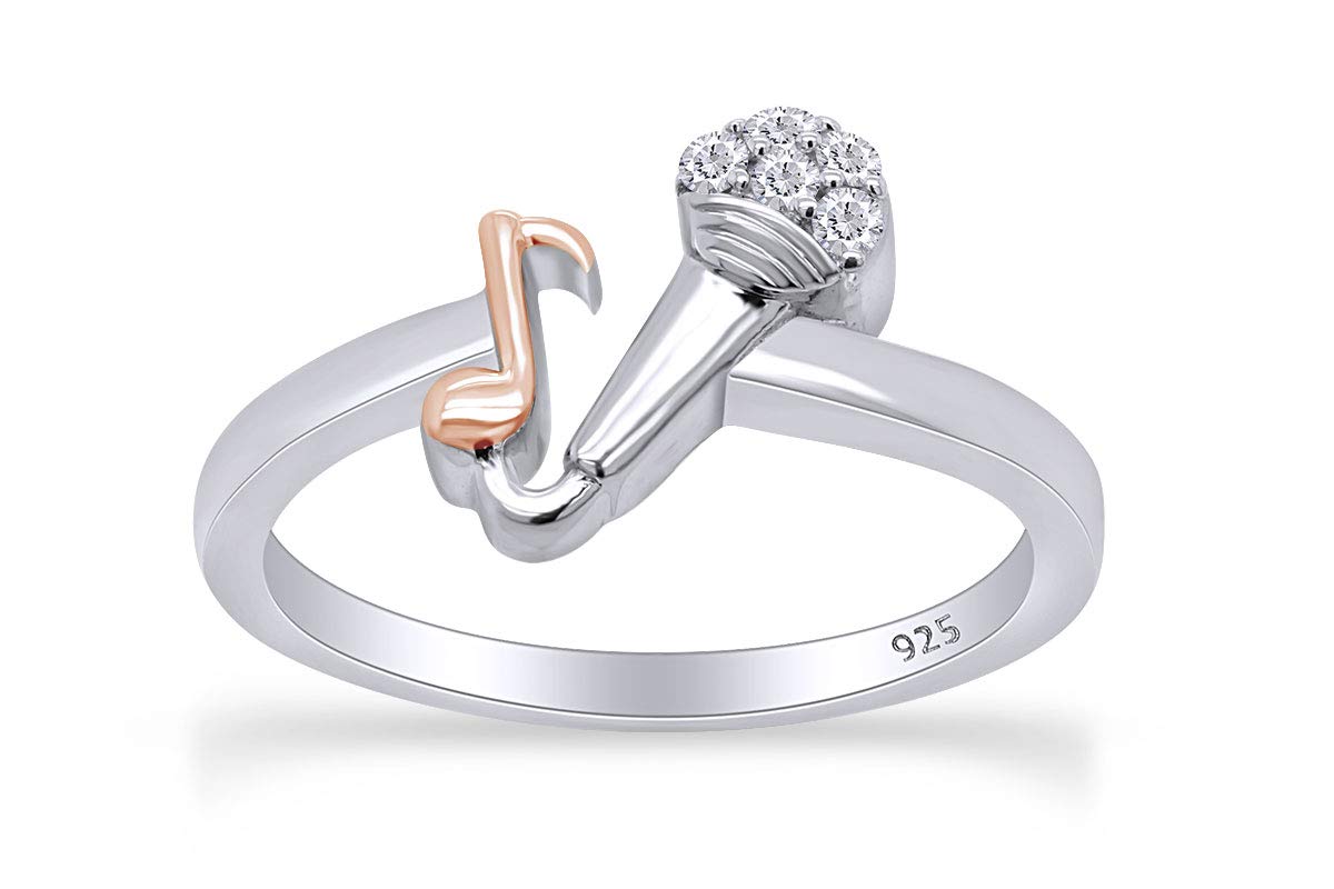 Round White Natural Diamond Accent Mic & Music Note Two Tone Ring - Elegant Jewelry for Musicians, Singers & Music Lovers - Perfect Gift for Performances & Special Occasions