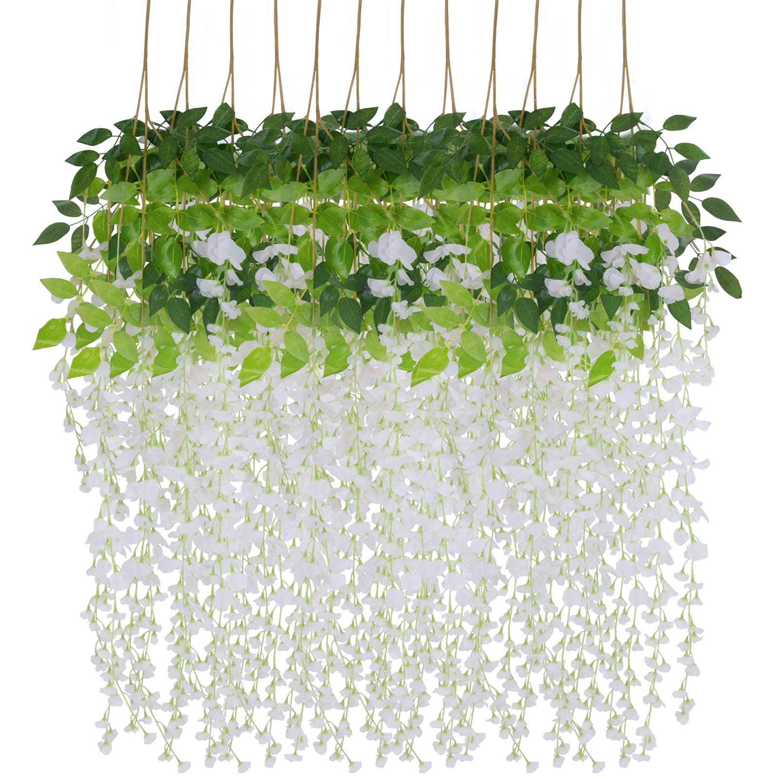 12 PCS Artificial Wisteria Hanging Flower Garland - Fake Wisteria Vine for Wedding, Party, Garden Decor - Outdoor Greenery & Office Wall Decoration (White) - Perfect for Home, Patio, and Event Backdrops
