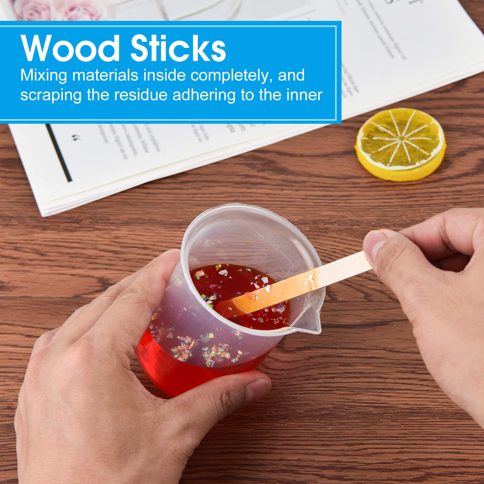 Coopay 12 Pack 200ml/6.8oz Clear Plastic Beakers - Epoxy Resin Mixing Cups with Measurement Marks & 50 Wooden Stir Sticks - Perfect for DIY Resin Art, Paint Mixing, Stain Projects & Science Experiments
