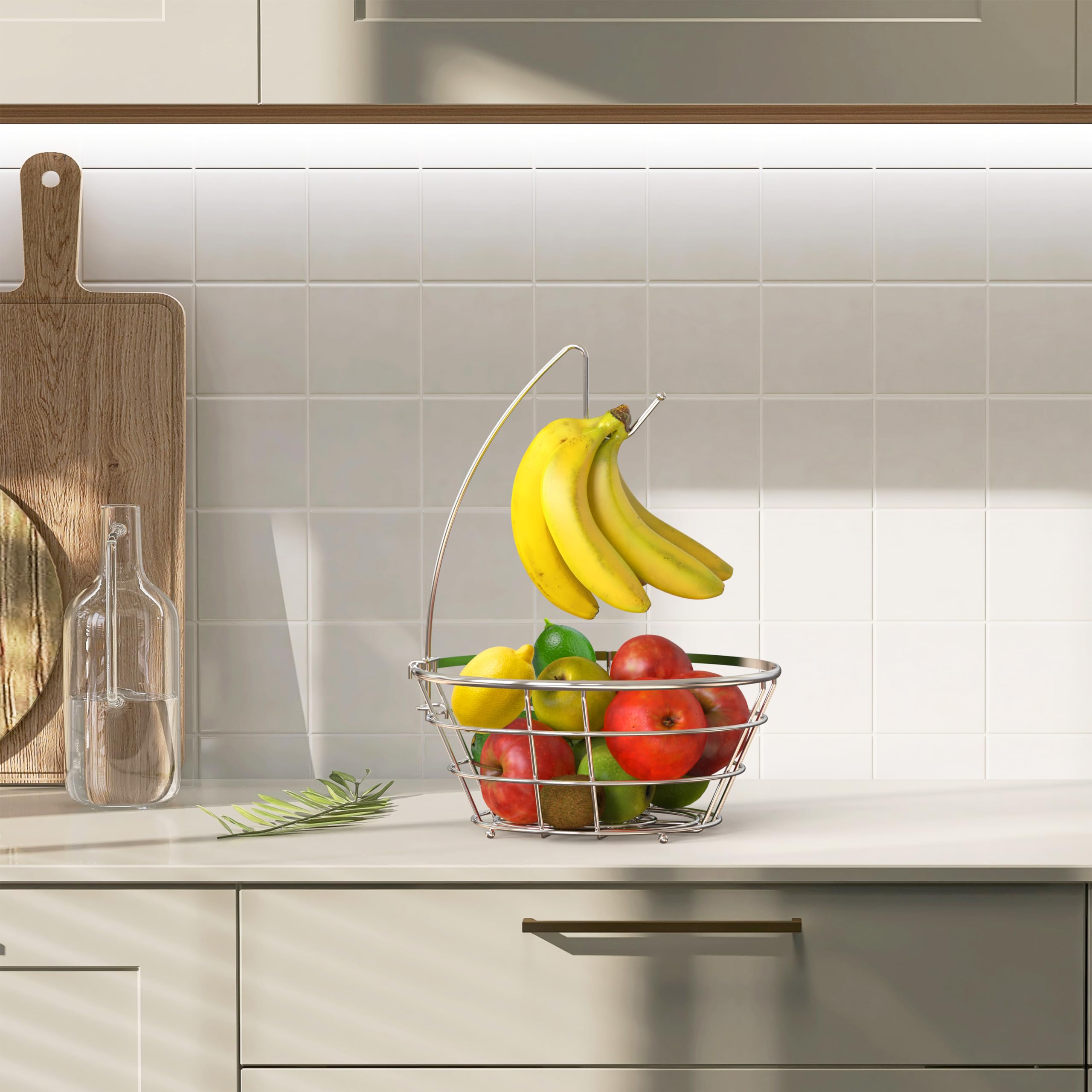 DecoBros Wire Fruit Basket with Banana Hanger - Chrome Finish Fruit Bowl for Kitchen Countertop, Dining Table, and Pantry Organization