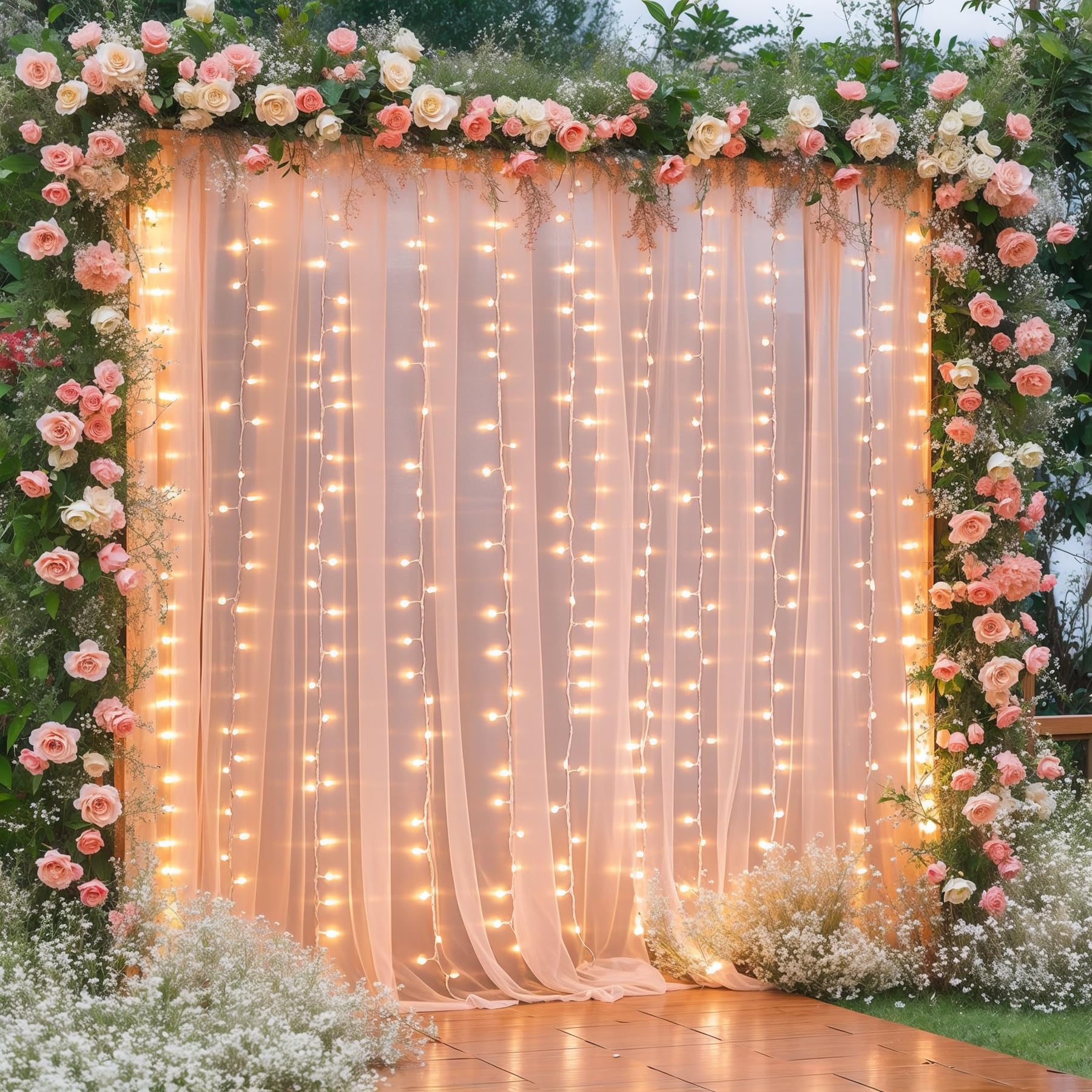 10×10ft Peach Tulle Backdrop Curtain with Fairy Lights - Sheer Wedding Party Decor, Photo Booth Background, Baby Shower & Home Decoration - Elegant Drapes for Indoor/Outdoor Events
