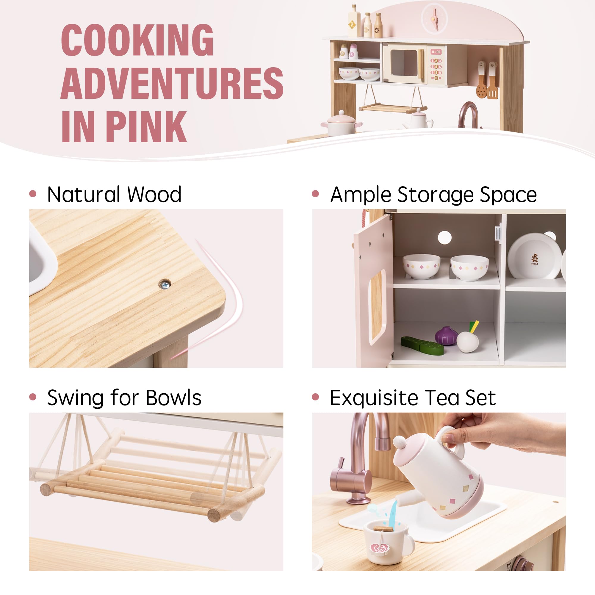 ROBUD Wooden Play Kitchen Set for Kids & Toddlers - Realistic Toy Kitchen with Accessories, Modern Design for Pretend Play - Perfect Gift for Boys & Girls Ages 3+ (Pink) | Great for Birthday, Christmas & Indoor Pretend Play Activities