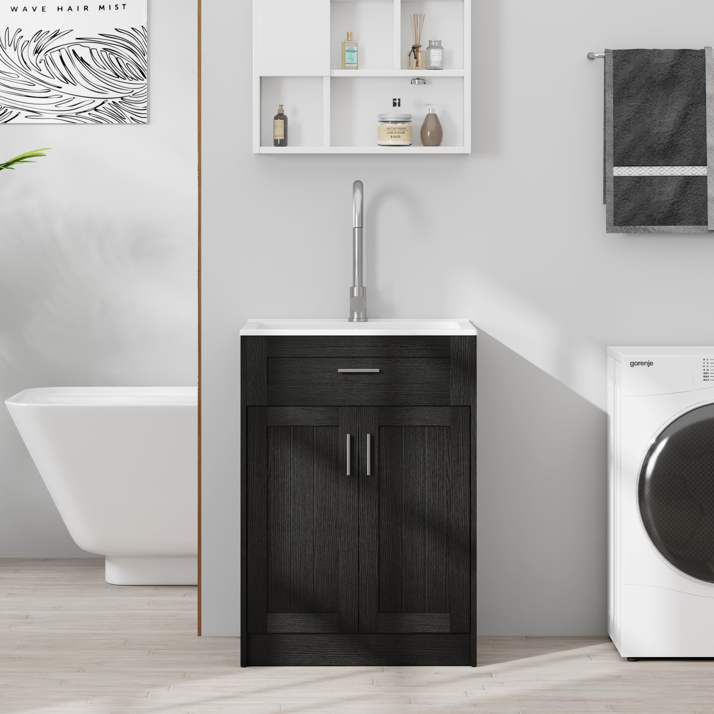24 Inch Black Laundry Sink with Cabinet - Ceramic Utility Sink with Faucet, Freestanding Bathroom Vanity Combo for Laundry Room, Utility Room, Bathroom, Kitchen & Garage | Perfect for Washing Clothes, Cleaning Tools & Household Chores